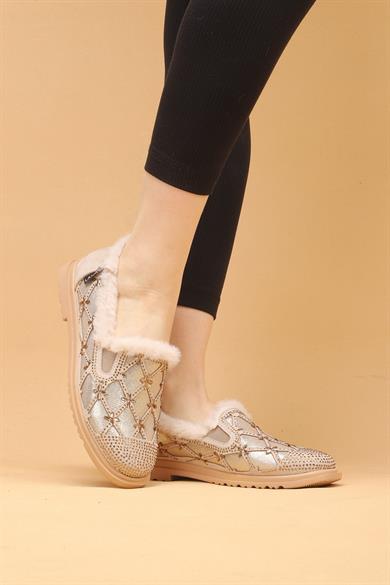 Selaro Bej Renkli Taşlı Desenli İçi Kürklü Kışlık Günlük Ayakkabı