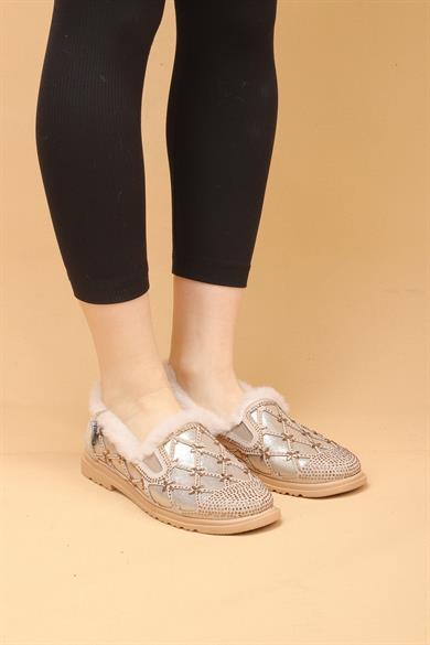 Selaro Bej Renkli Taşlı Desenli İçi Kürklü Kışlık Günlük Ayakkabı