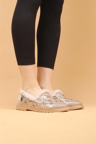 Selaro Bej Renkli Taşlı Desenli İçi Kürklü Kışlık Günlük Ayakkabı