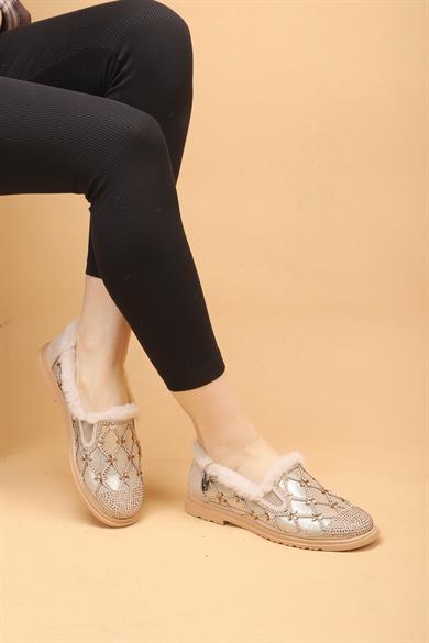 Selaro Bej Renkli Taşlı Desenli İçi Kürklü Kışlık Günlük Ayakkabı