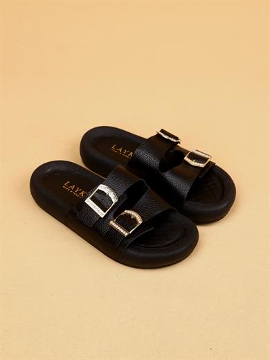 Lera Siyah Renkli Hakiki Deri Tokalı Kalın Taban Lüx Terlik