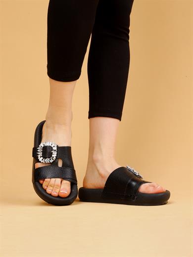 Vera Siyah Renkli Hakiki Deri Tokalı Kalın Taban Lüx Terlik