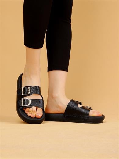 Lera Siyah Renkli Hakiki Deri Tokalı Kalın Taban Lüx Terlik