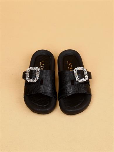 Vera Siyah Renkli Hakiki Deri Tokalı Kalın Taban Lüx Terlik