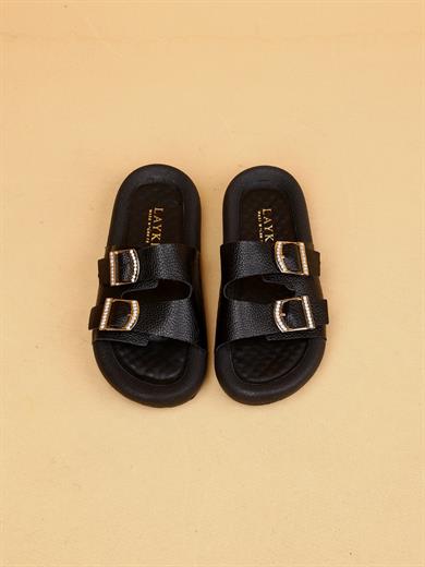 Lera Siyah Renkli Hakiki Deri Tokalı Kalın Taban Lüx Terlik