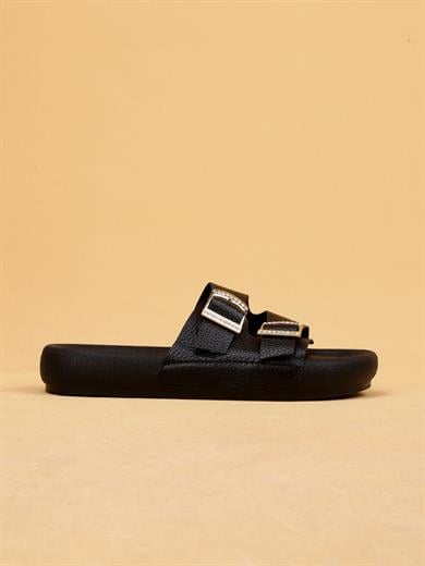 Lera Siyah Renkli Hakiki Deri Tokalı Kalın Taban Lüx Terlik