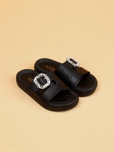 Vera Siyah Renkli Hakiki Deri Tokalı Kalın Taban Lüx Terlik