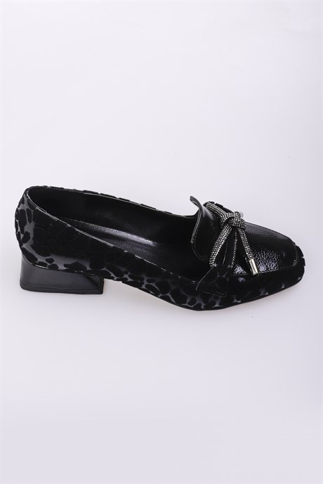 022011190000002layki3-5 cm topuklayki.com | Tupuklun Bayan Ayakkabı 221119 Perry Siyah Cilt Renkli Kroko Kadın Kısa Topuklu Ayakkabı 