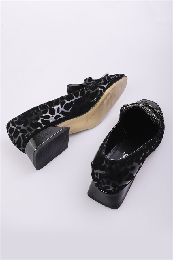 022011190000002layki3-5 cm topuklayki.com | Tupuklun Bayan Ayakkabı 221119 Perry Siyah Cilt Renkli Kroko Kadın Kısa Topuklu Ayakkabı 