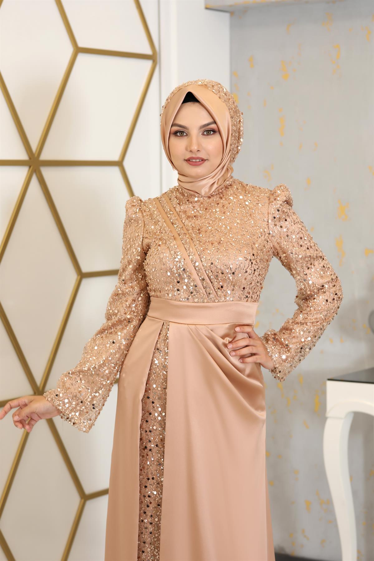 Pul Boncuk İşlemeli Drapeli Şehrazat Abiye Gold