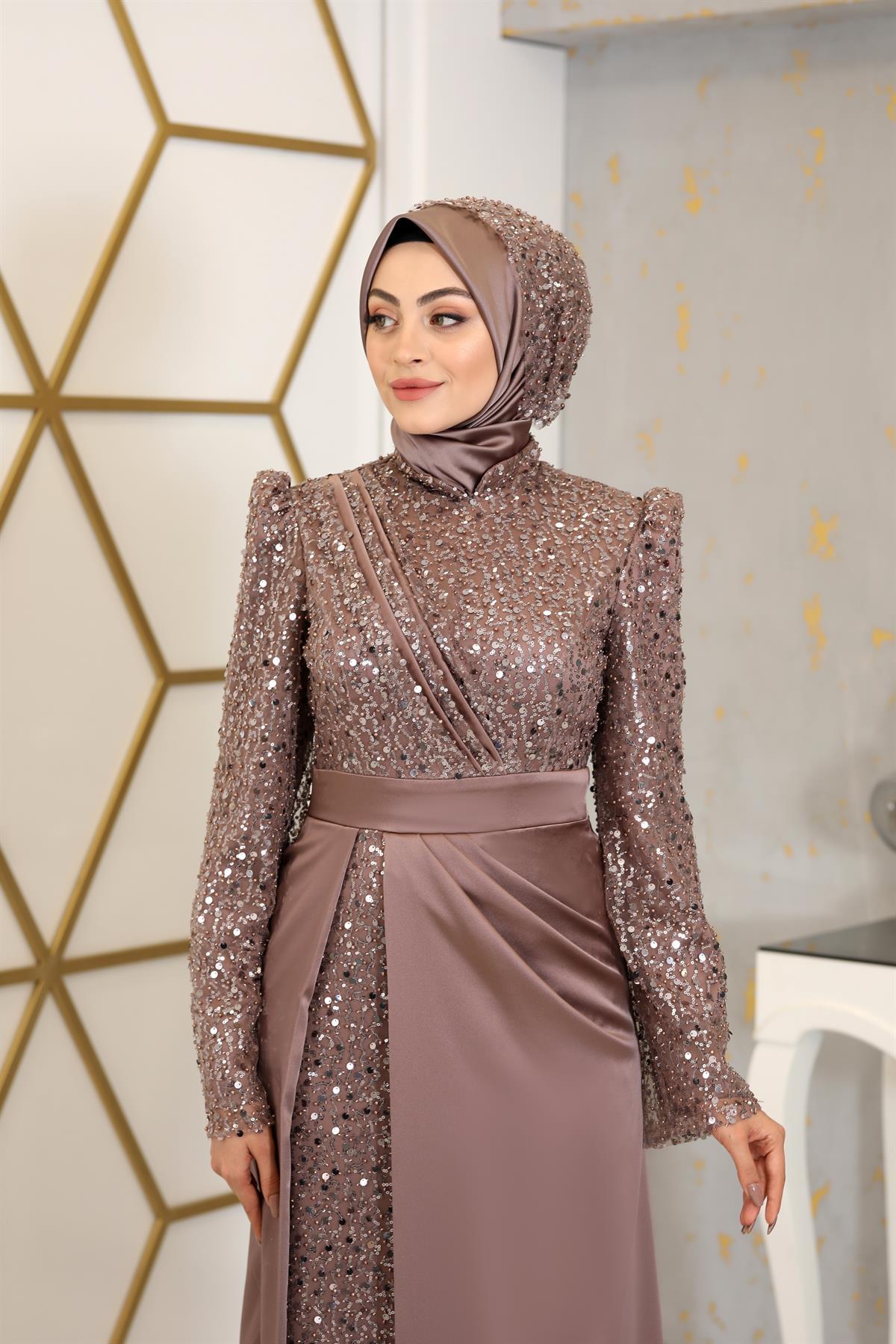 Pul Boncuk İşlemeli Drapeli Şehrazat Abiye Vizon