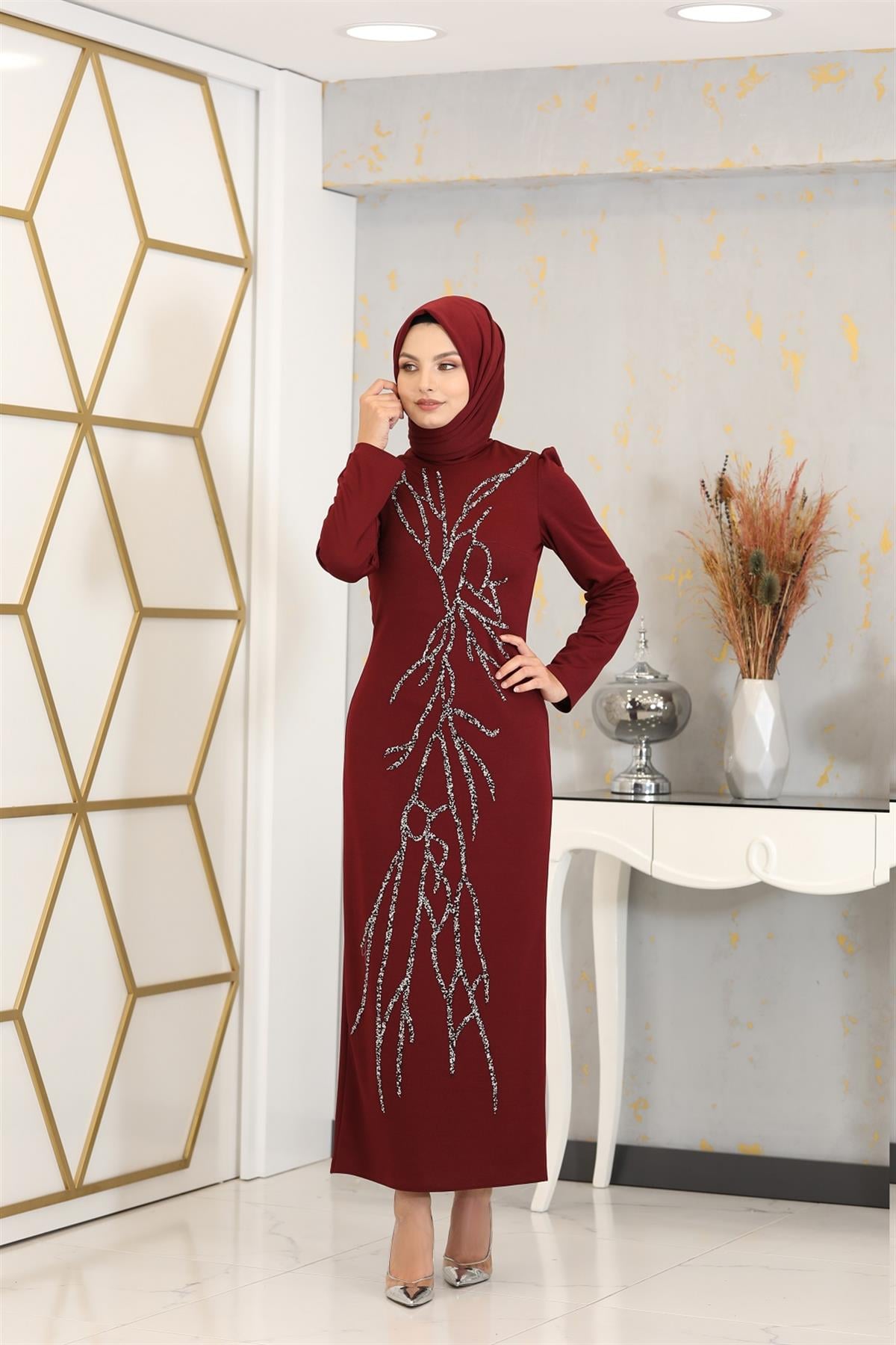 Aplik İşlemeli Kalem Tuana Kalem Tesettür Elbise - Bordo