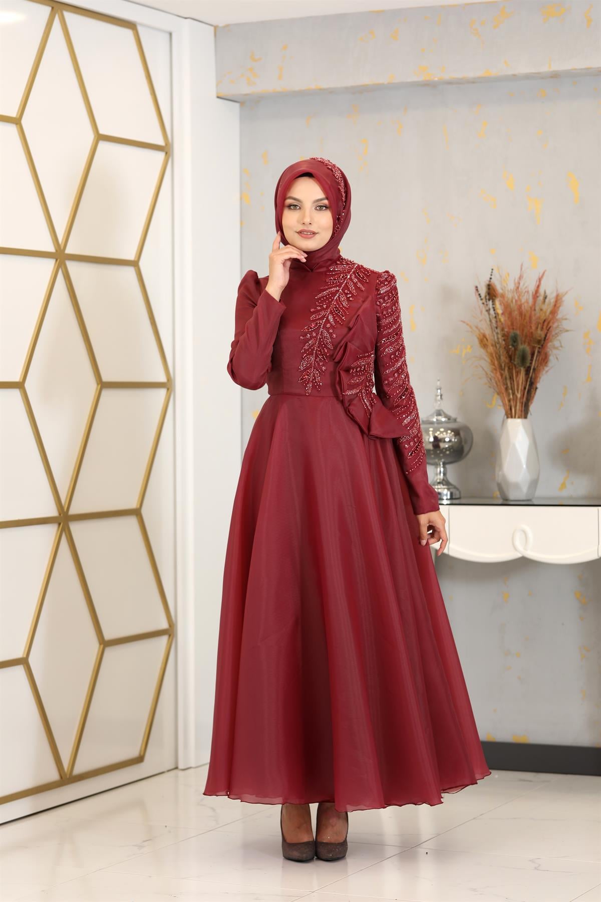 Çiçek Detaylı Ela Tesettür Abiye - Bordo