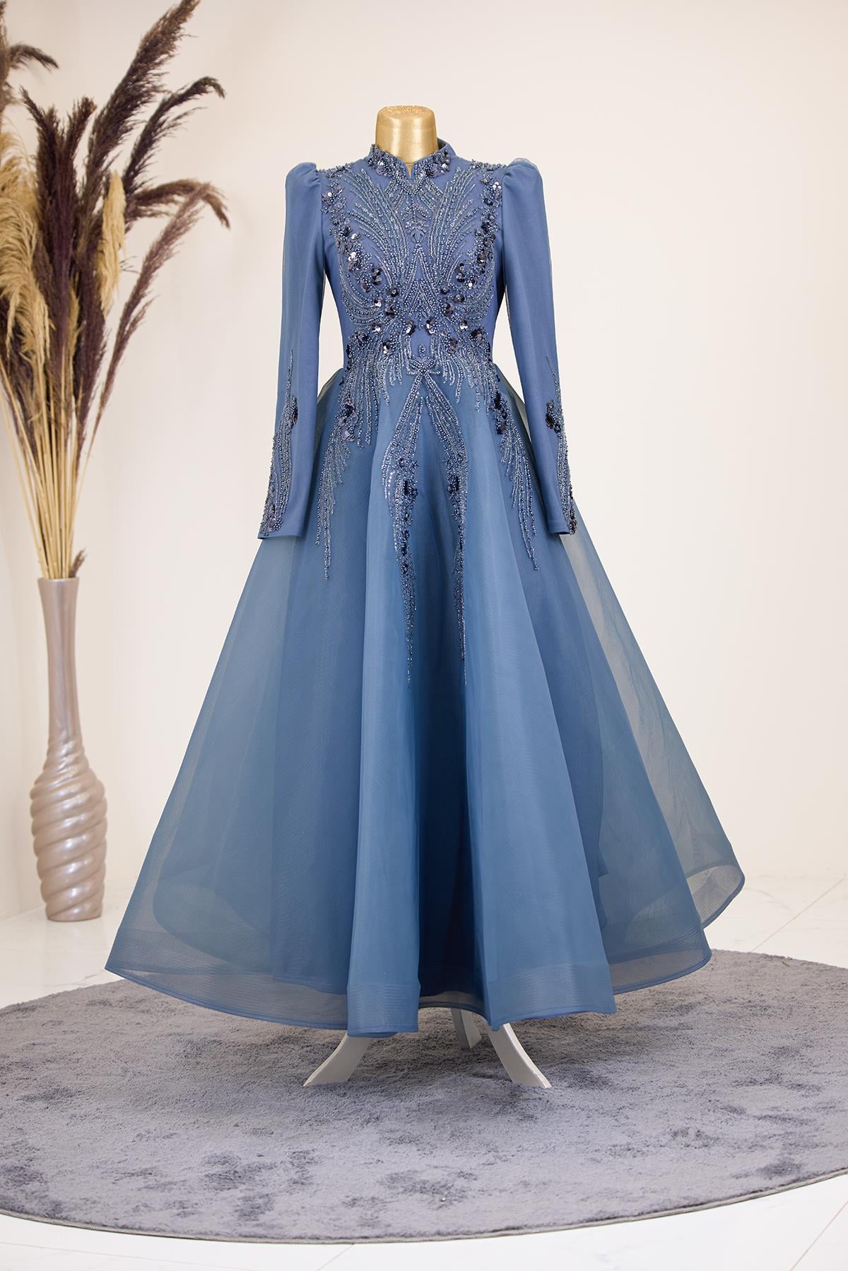 Önü Drapeli Aplik İşlemeli Asya  Abiye - İndigo