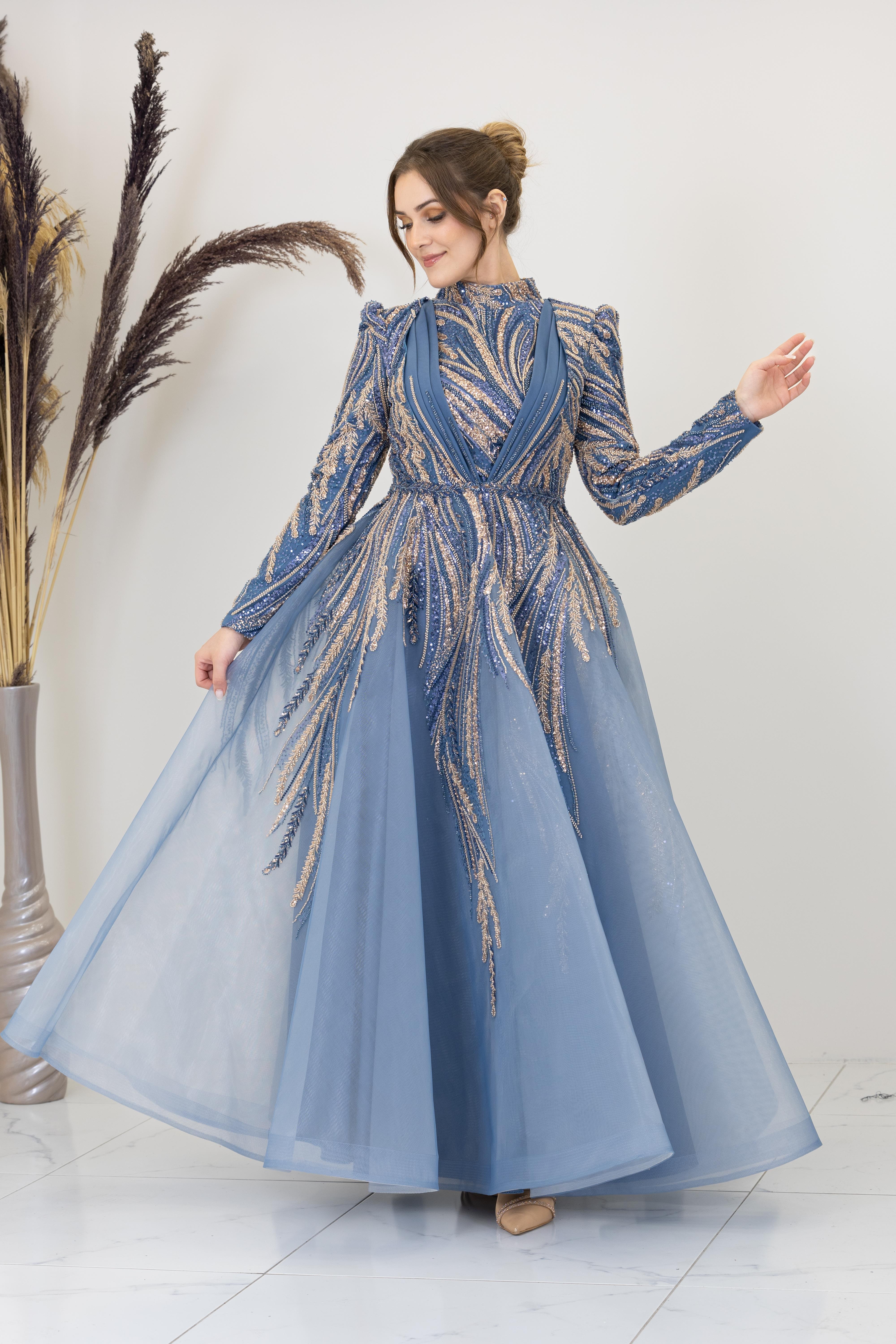 Önü Drapeli Aplik İşlemeli Kübra Abiye - İndigo