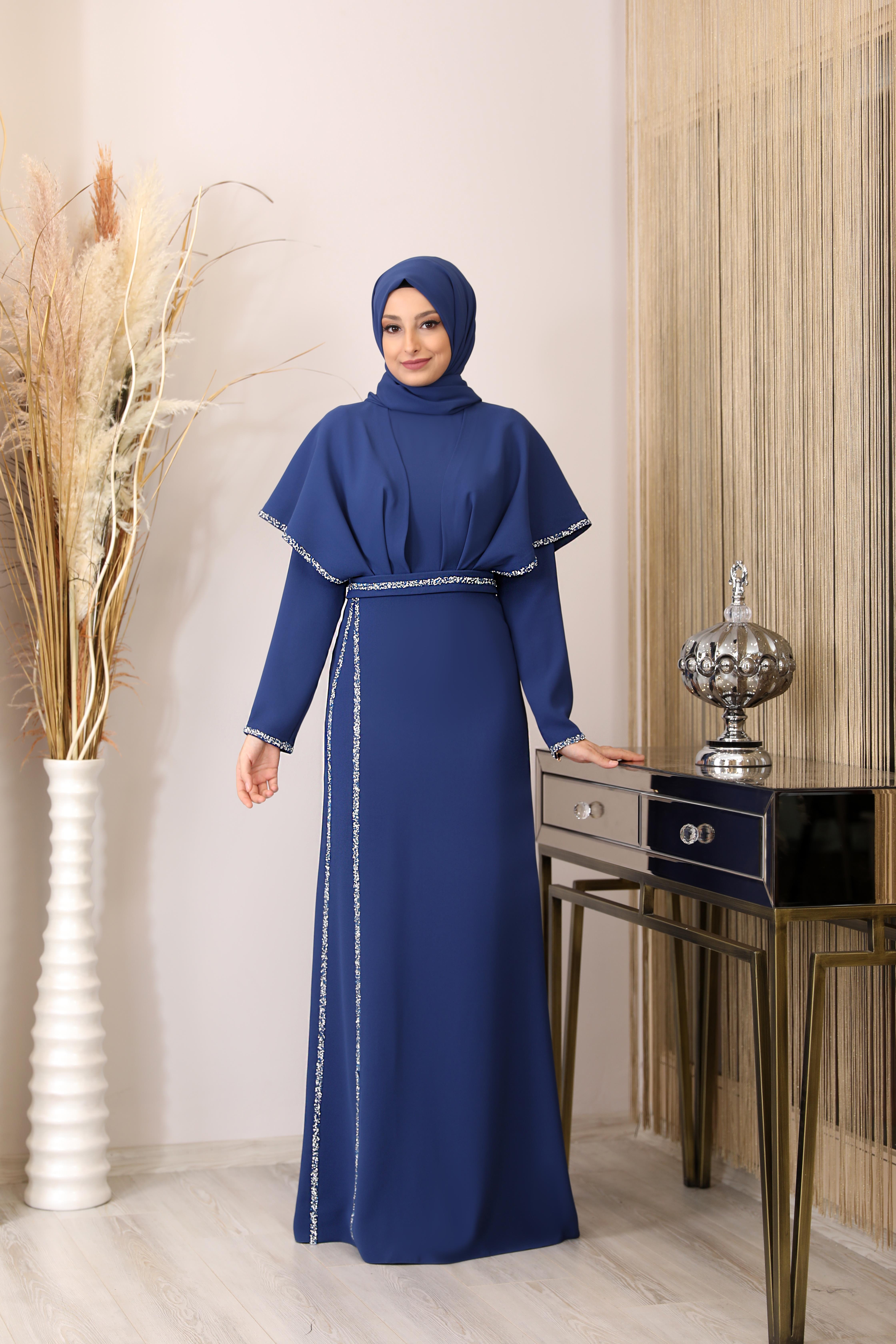 Önü Taşlı Drapeli Peri Abiye - Mavi