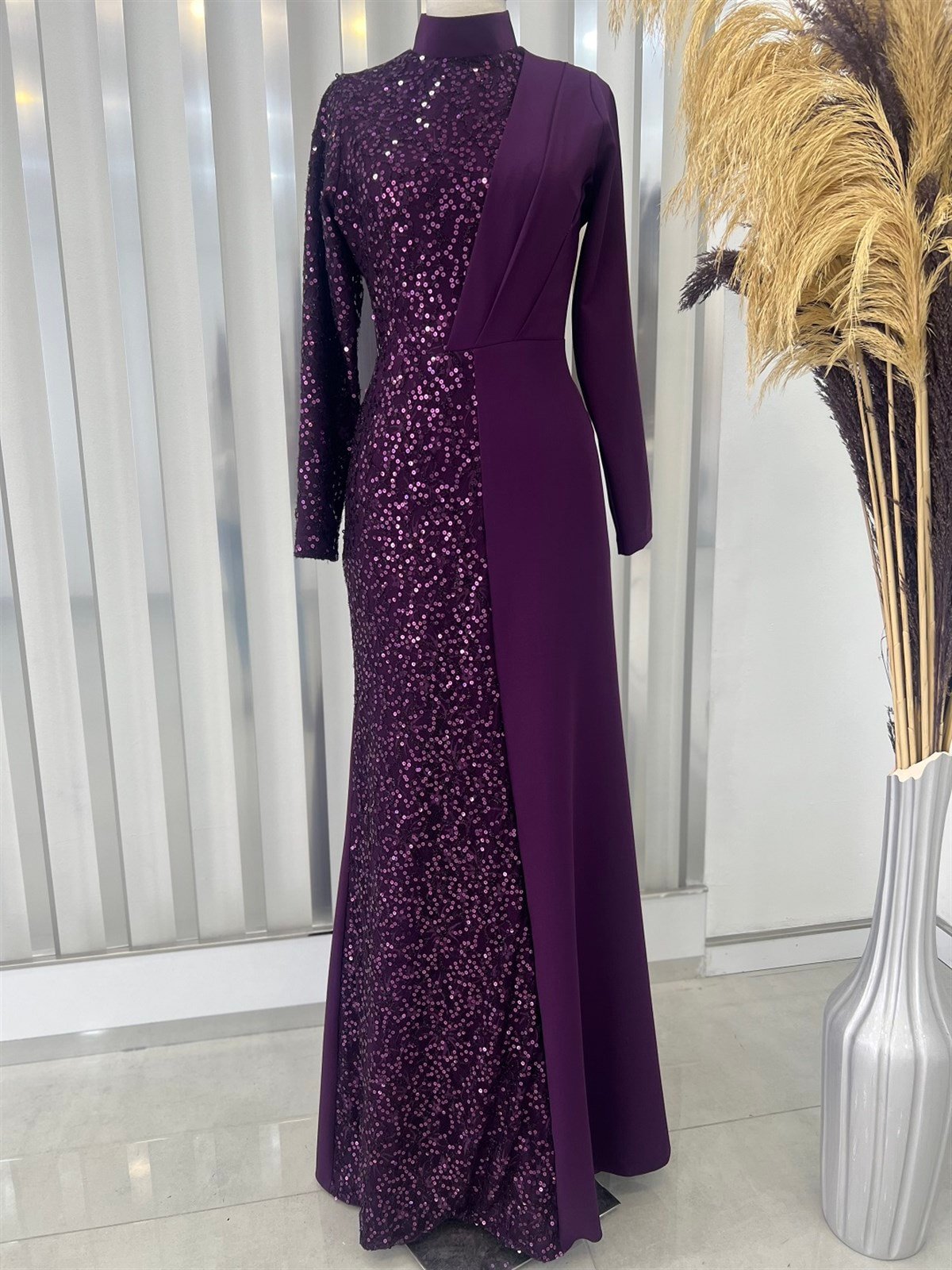 Açelya Pul Payetli Gizli Fermuarlı Tesettür Abiye - Mürdüm