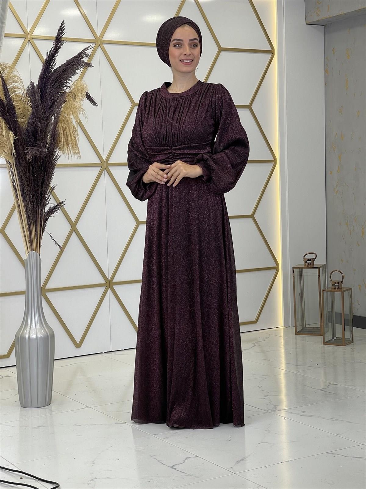 Adel Likralı Balon Kollu Hakim Yaka Tesettür Abiye - Fuşya