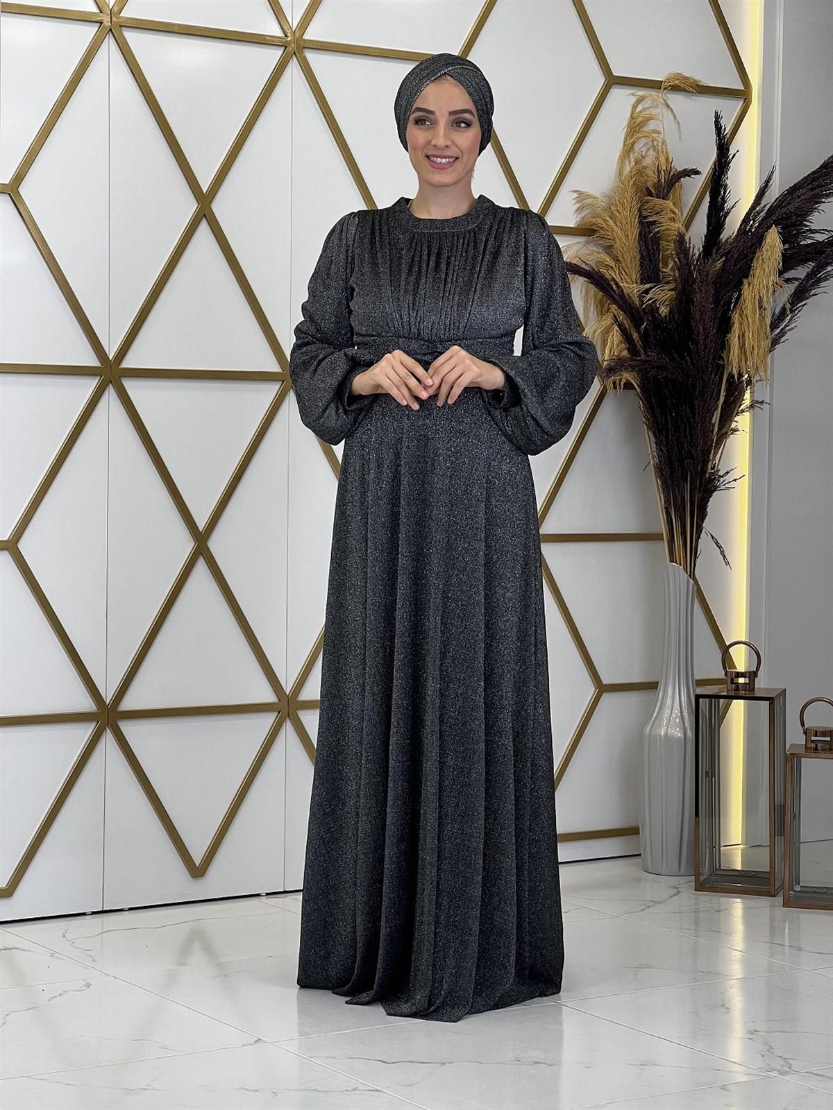 Adel Likralı Balon Kollu Hakim Yaka Tesettür Abiye - Antrasit