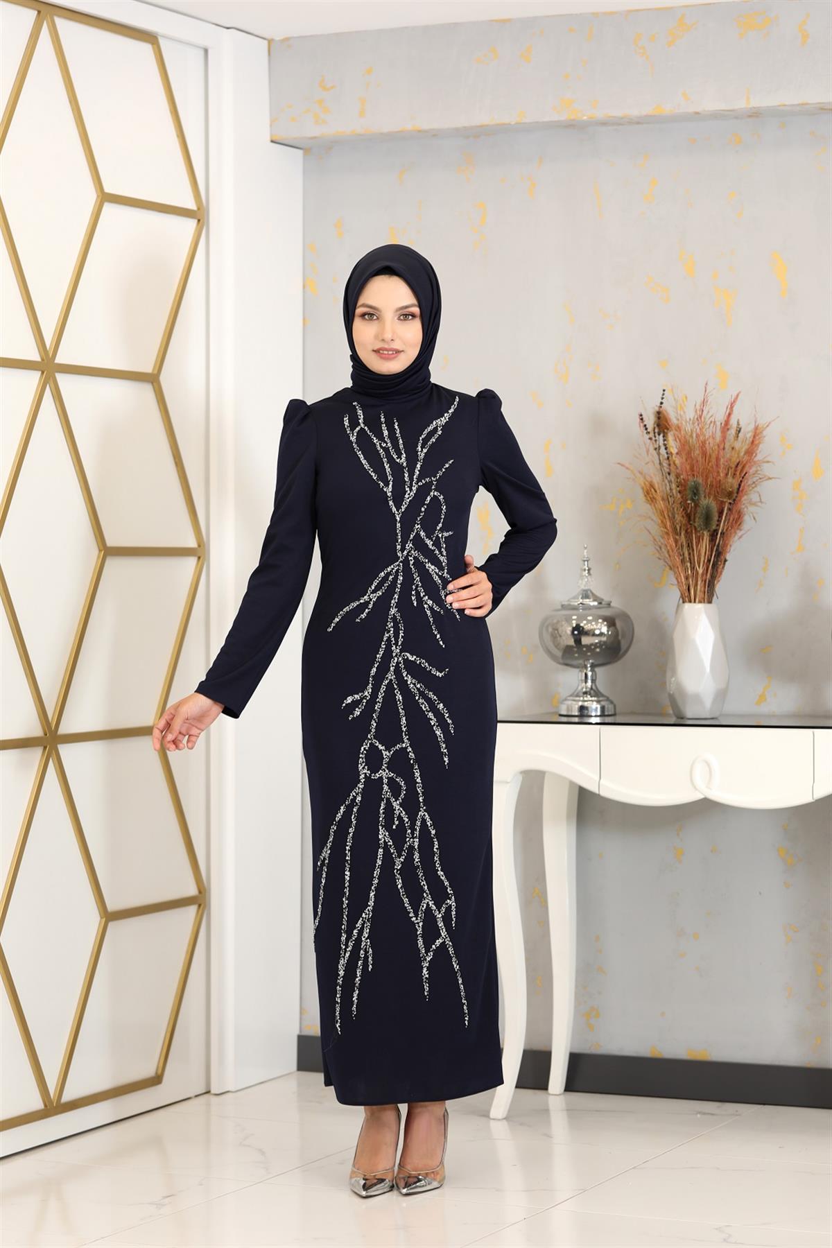 Aplik İşlemeli Kalem Tuana Kalem Tesettür Elbise - Lacivert