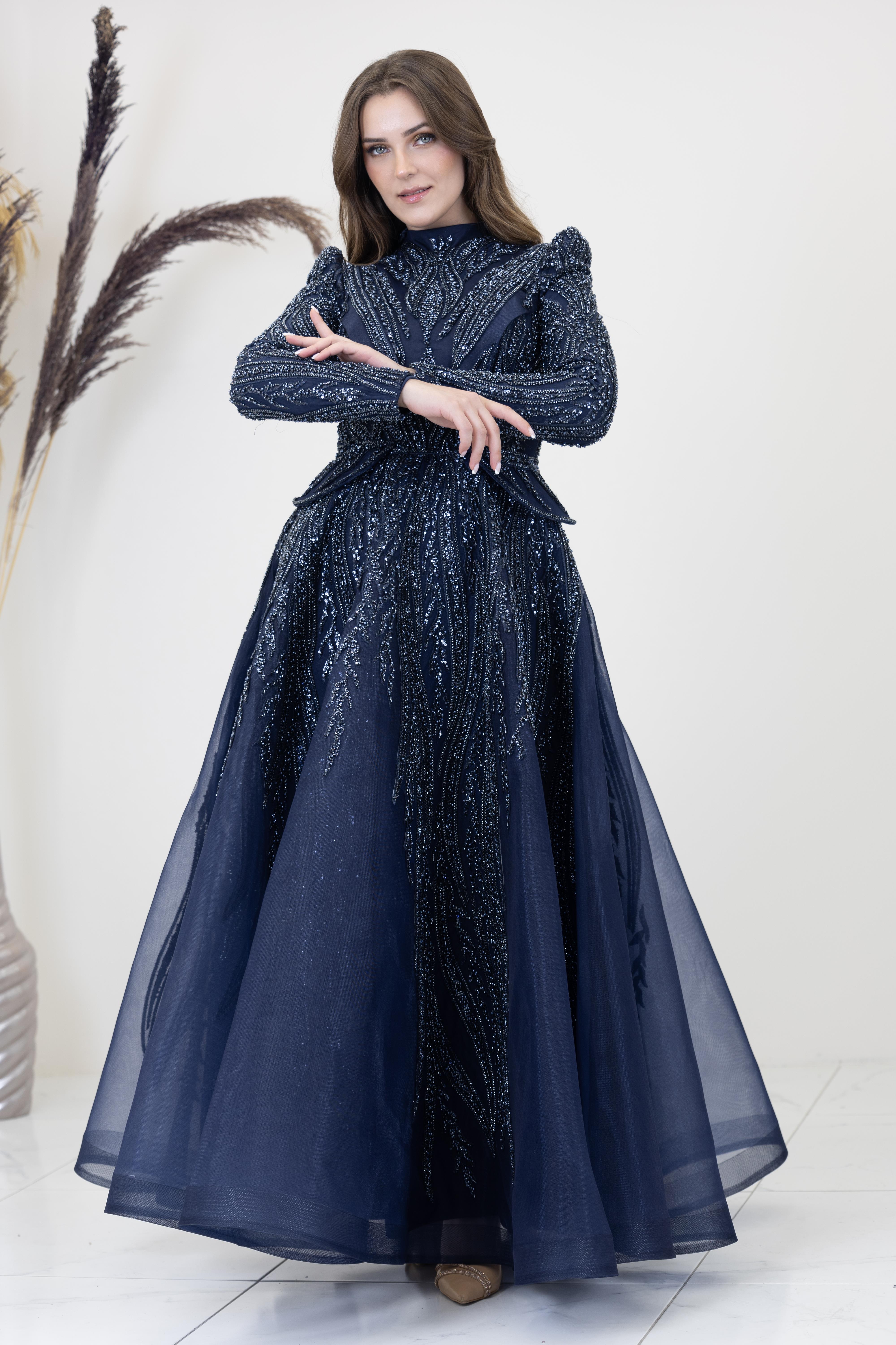 Aplik İşlemeli Şahsenem Abiye - Lacivert