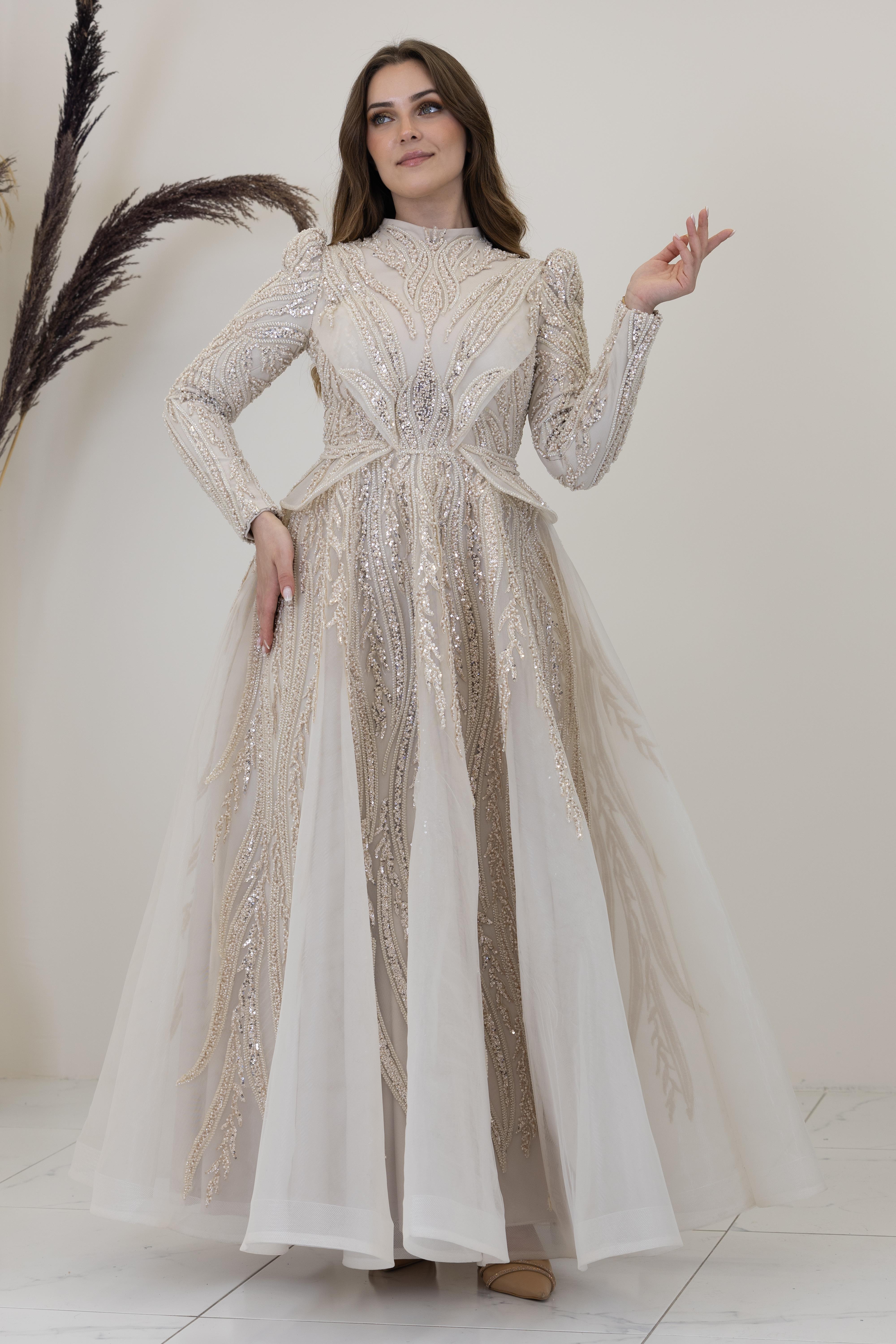 Aplik İşlemeli Şahsenem Abiye - Taş Rengi