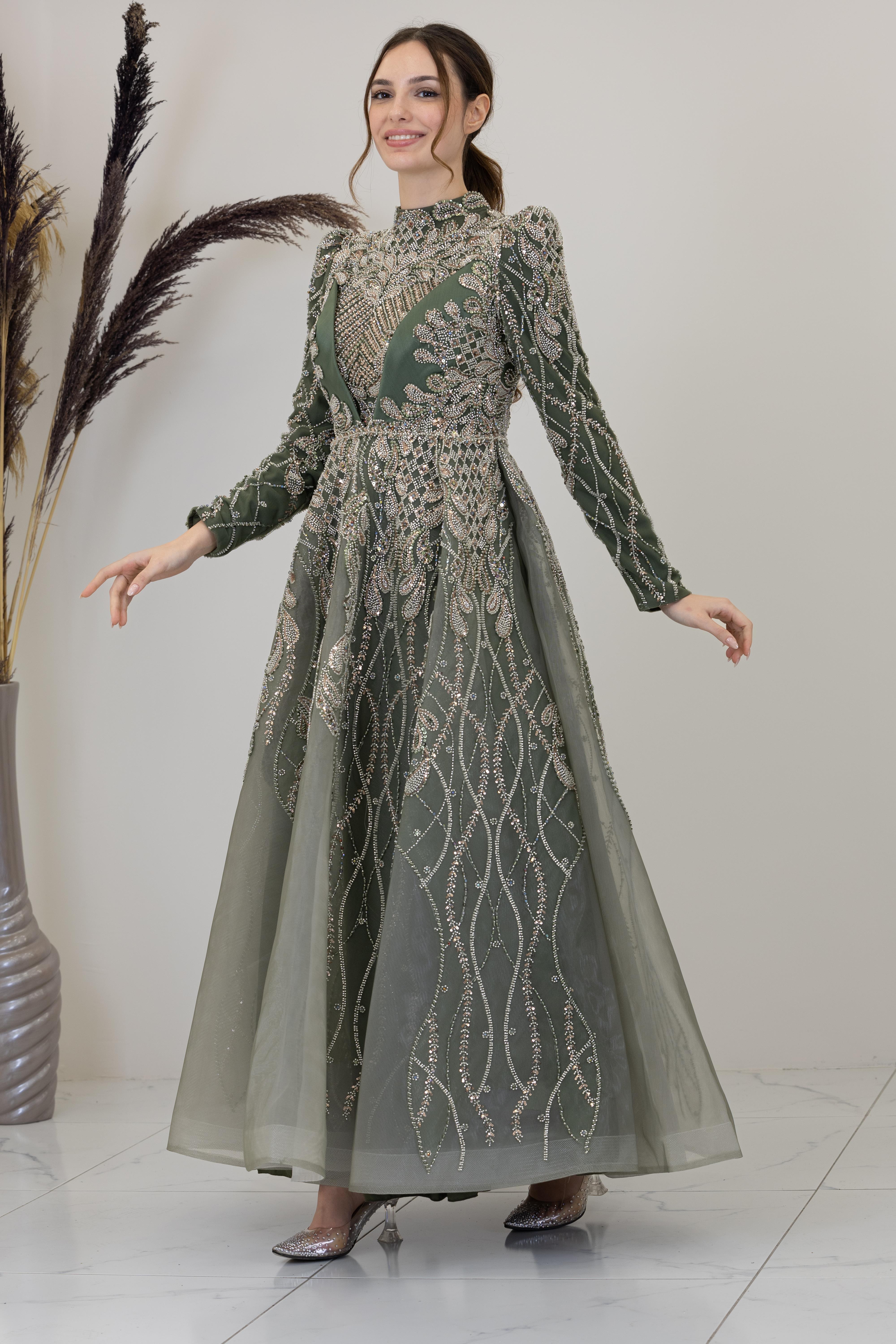 Aplik İşlemeli Yaprak Abiye - Haki