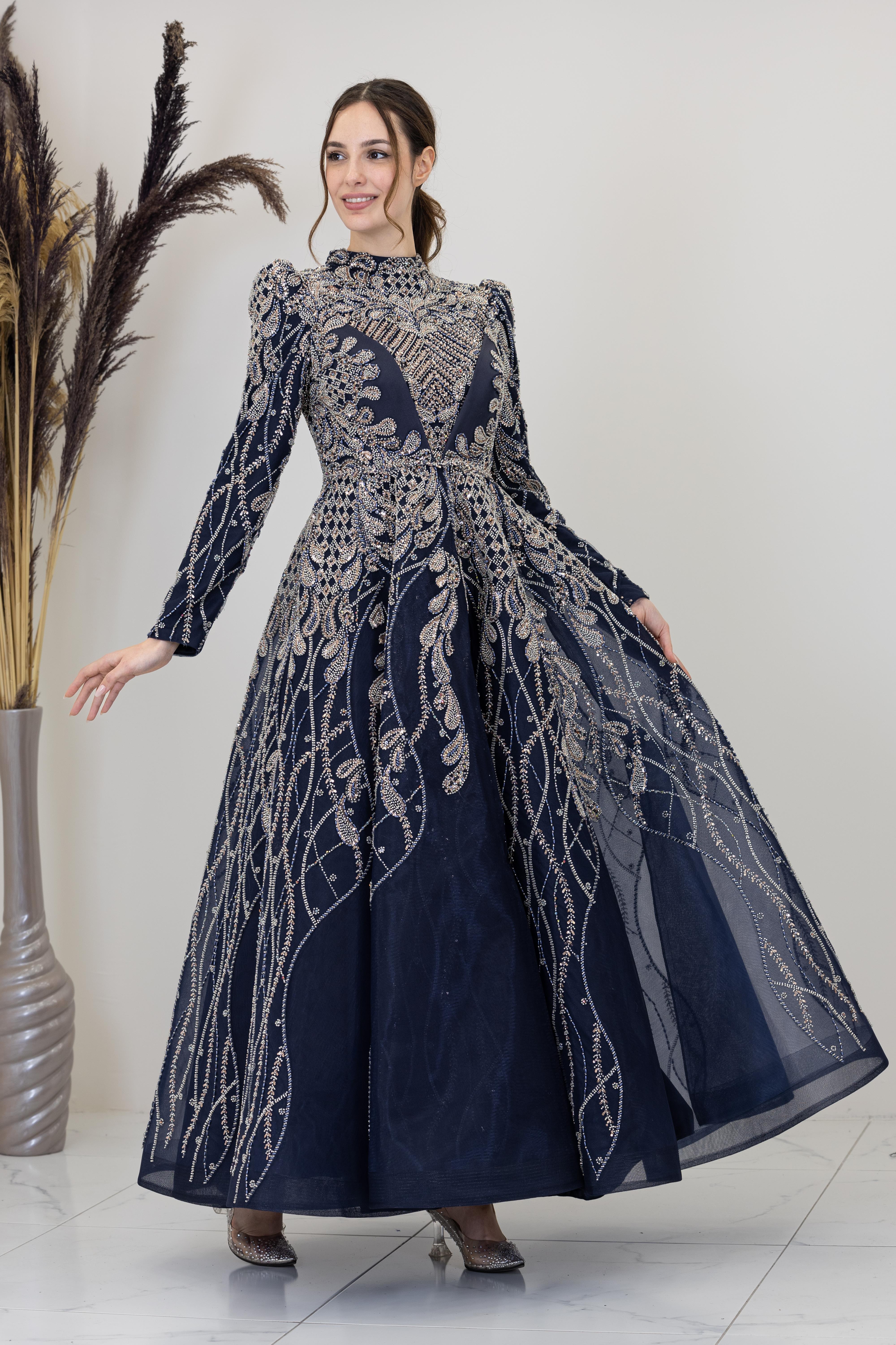 Aplik İşlemeli Yaprak Abiye - Lacivert