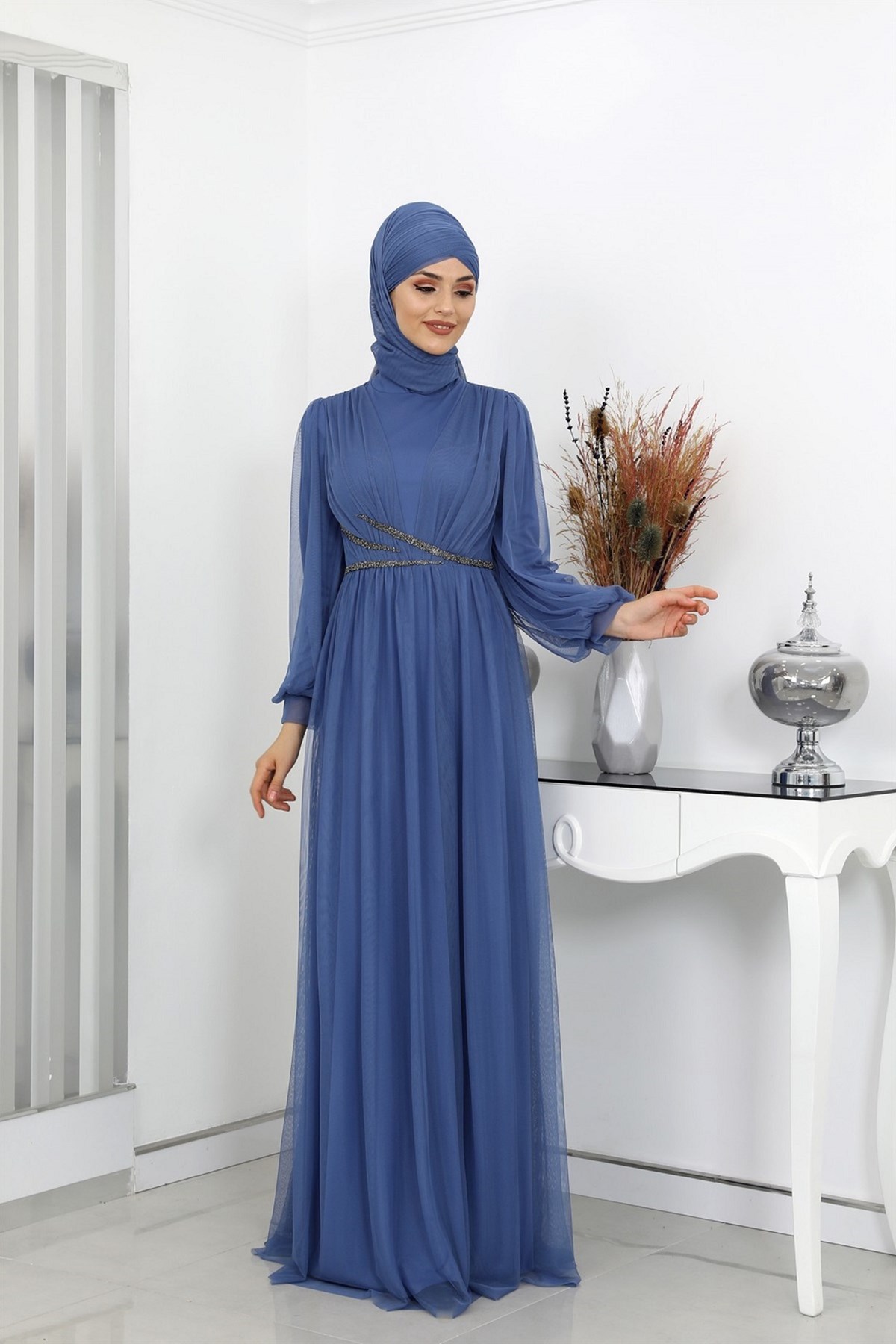 Aysima Waist Beaded Lining Hidden Zippered Hijab Evening Dresses Indigo Blue