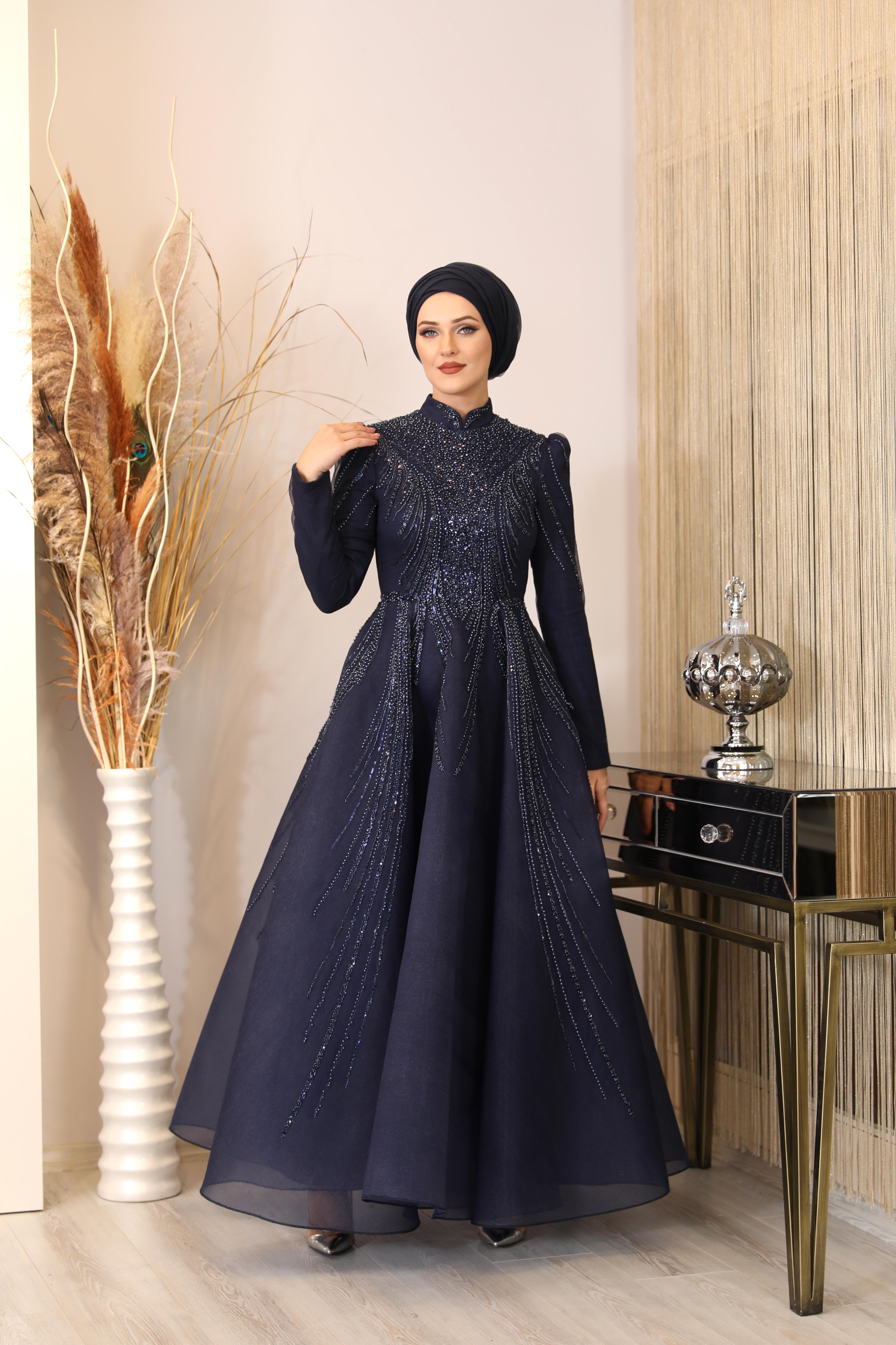 Boncuk Detaylı Samyeli Abiye - Lacivert