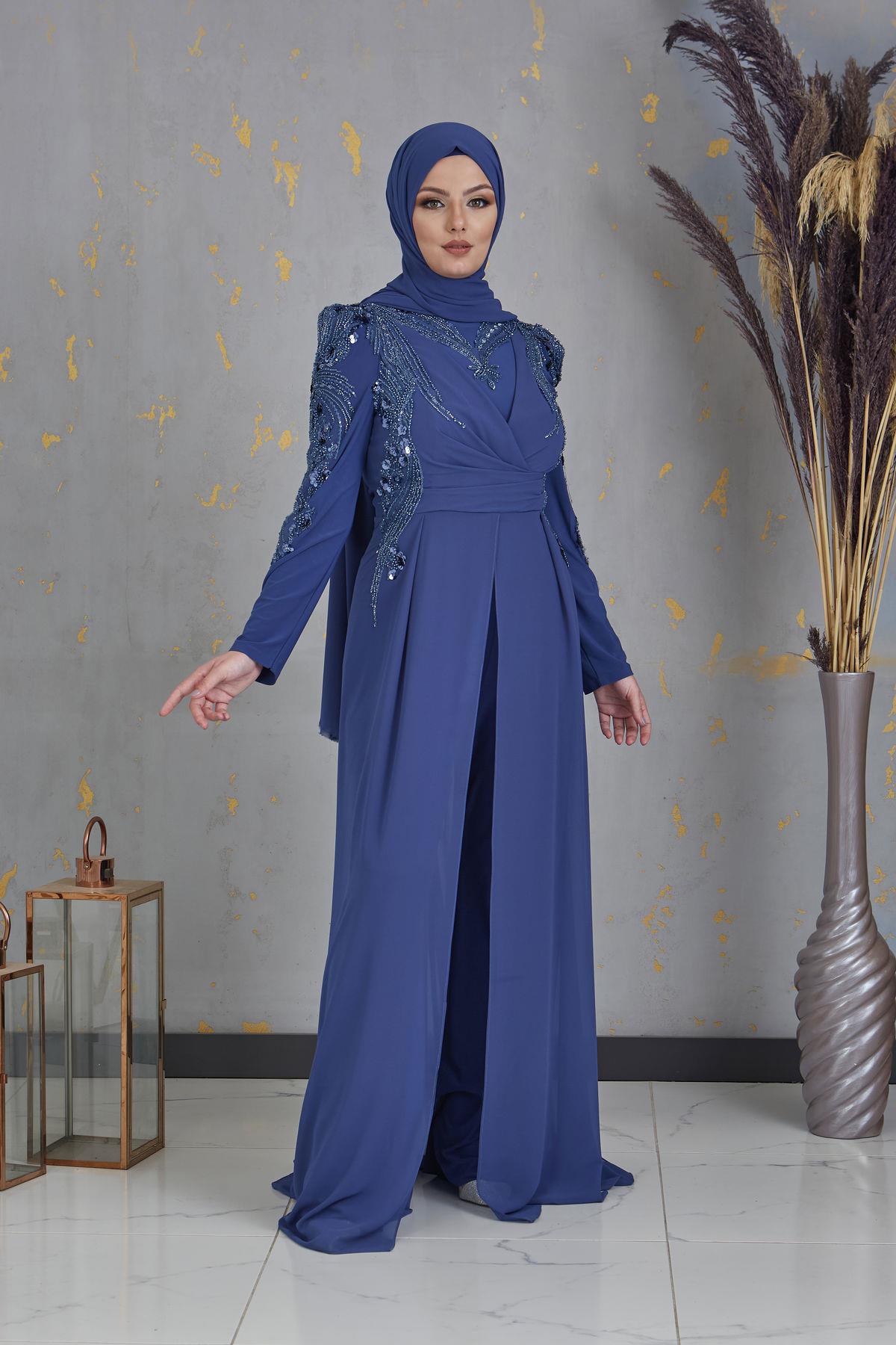 Boncuk İşlemeli Güneş Tulum - İndigo