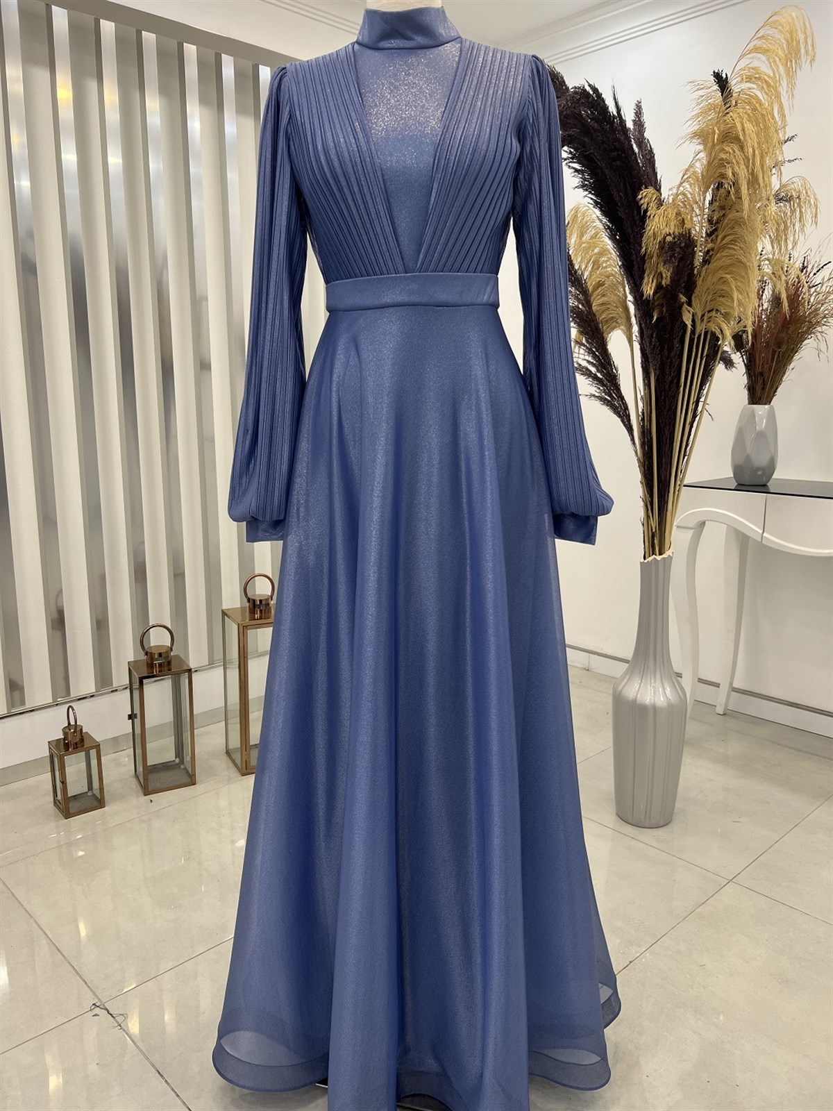 Buse Piliseli Beli Kemerli Tesettür Abiye - İndigo