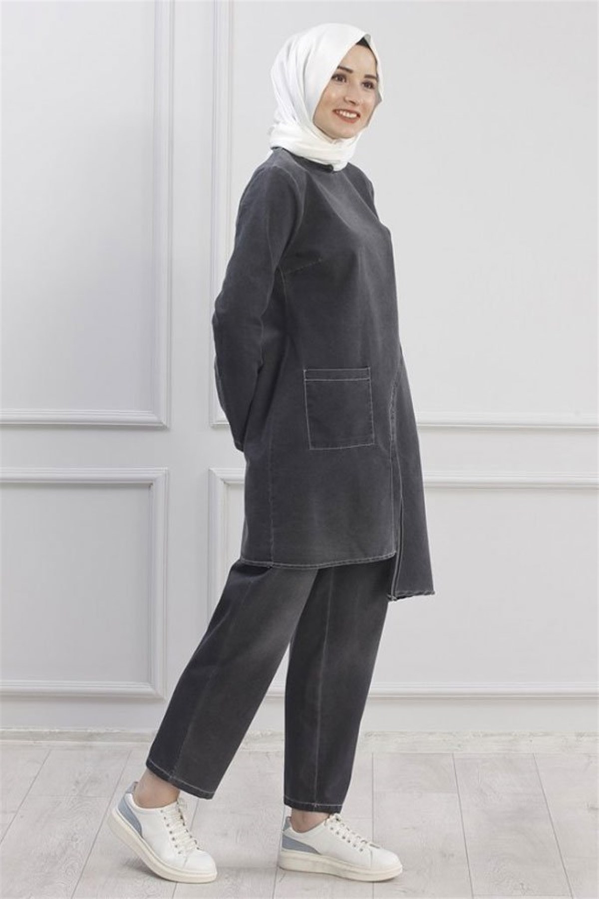 Çapraz Siyah Kot İkili Takım Tesettür Elbise - Piennar Design