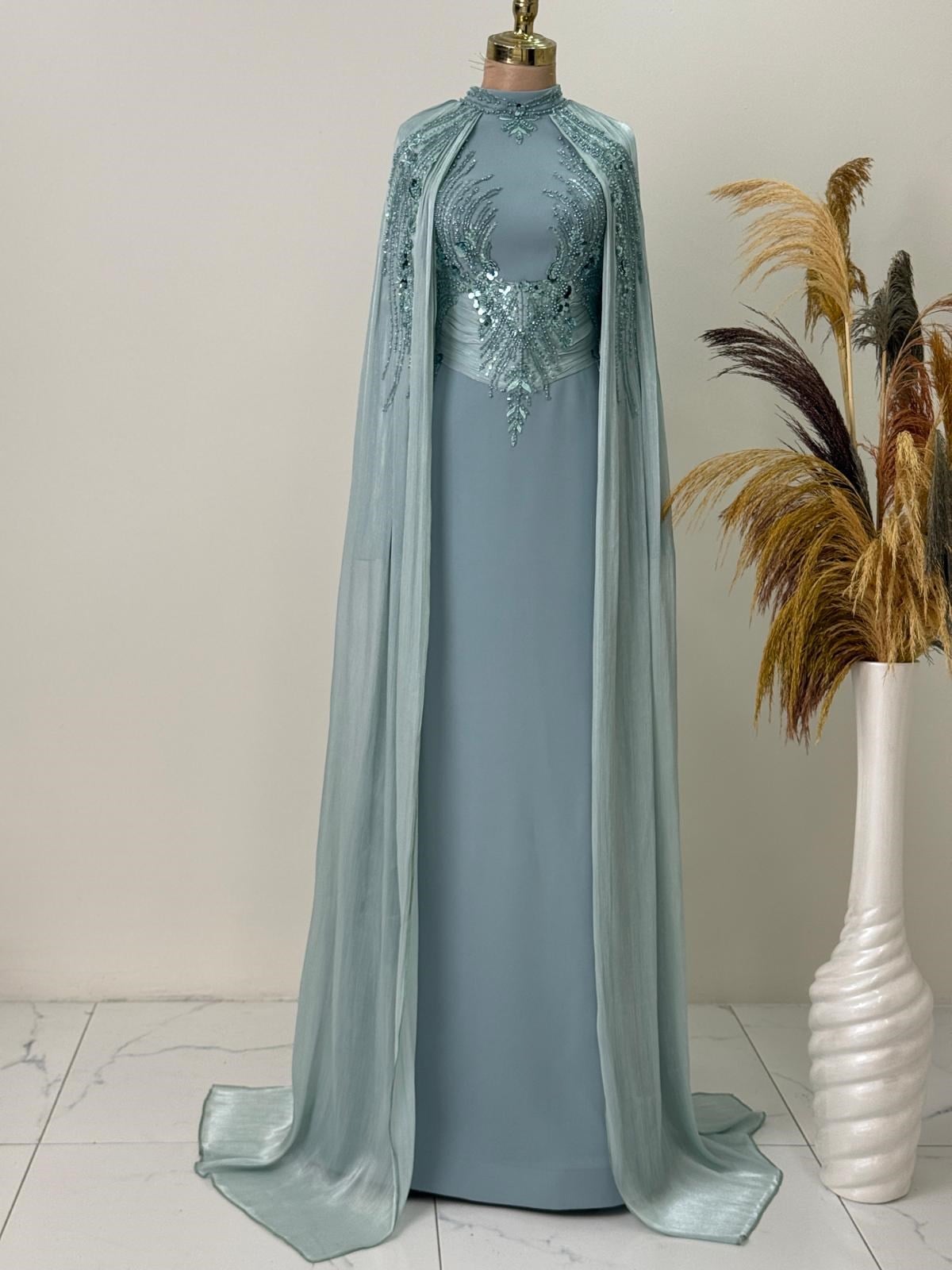 Çiçek Dantel Detaylı Abiye Elbise-MİNT 