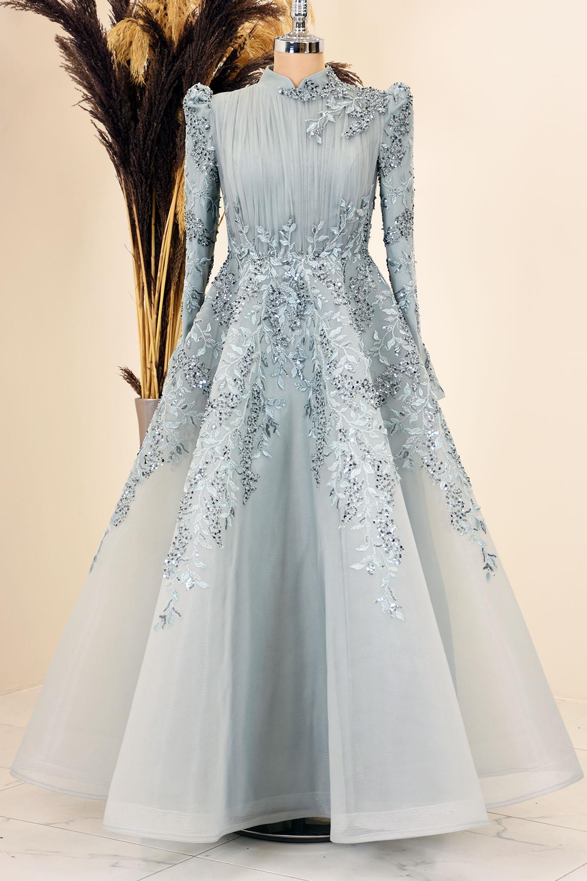 Çiçek İşlemeli Serra Tesettür  Abiye Mint