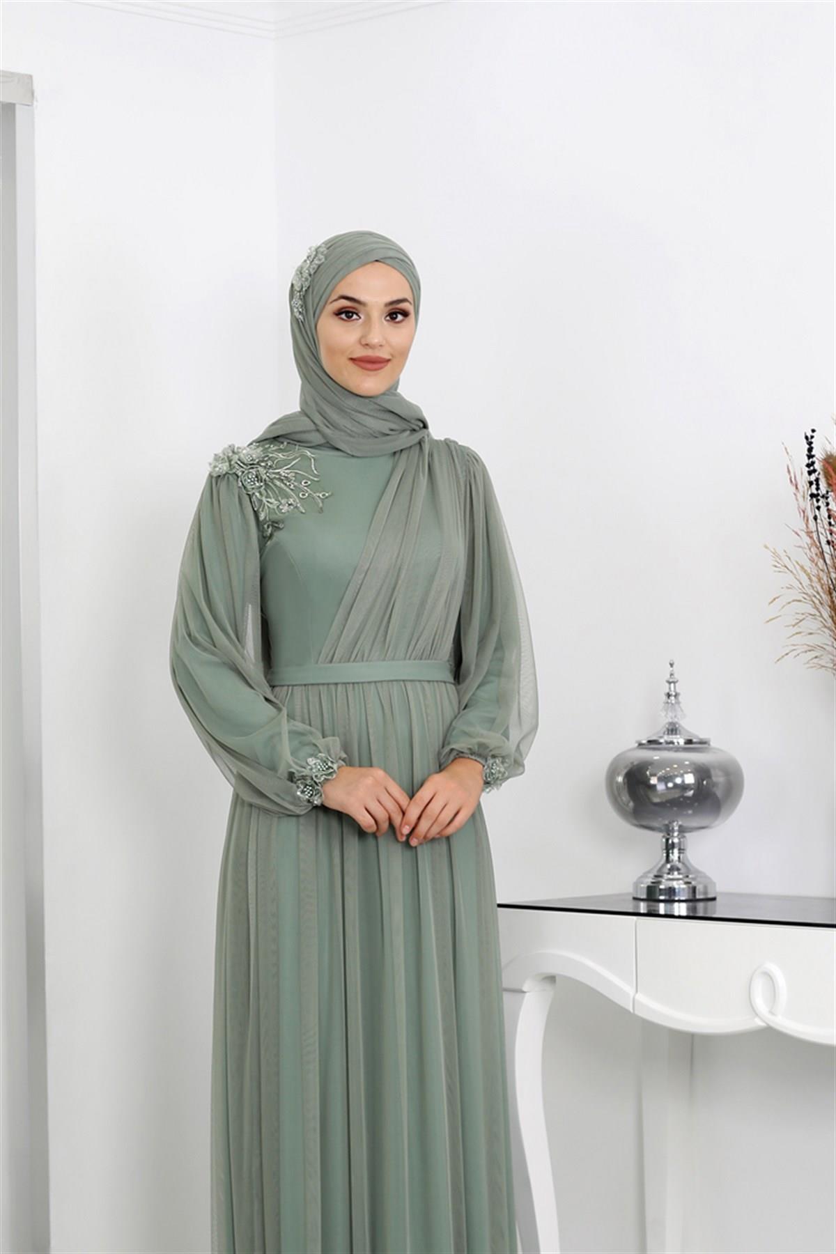 Tulle Hijab Evening Dress with Deep Shoulder Floral Dominant Collar Mint  Green