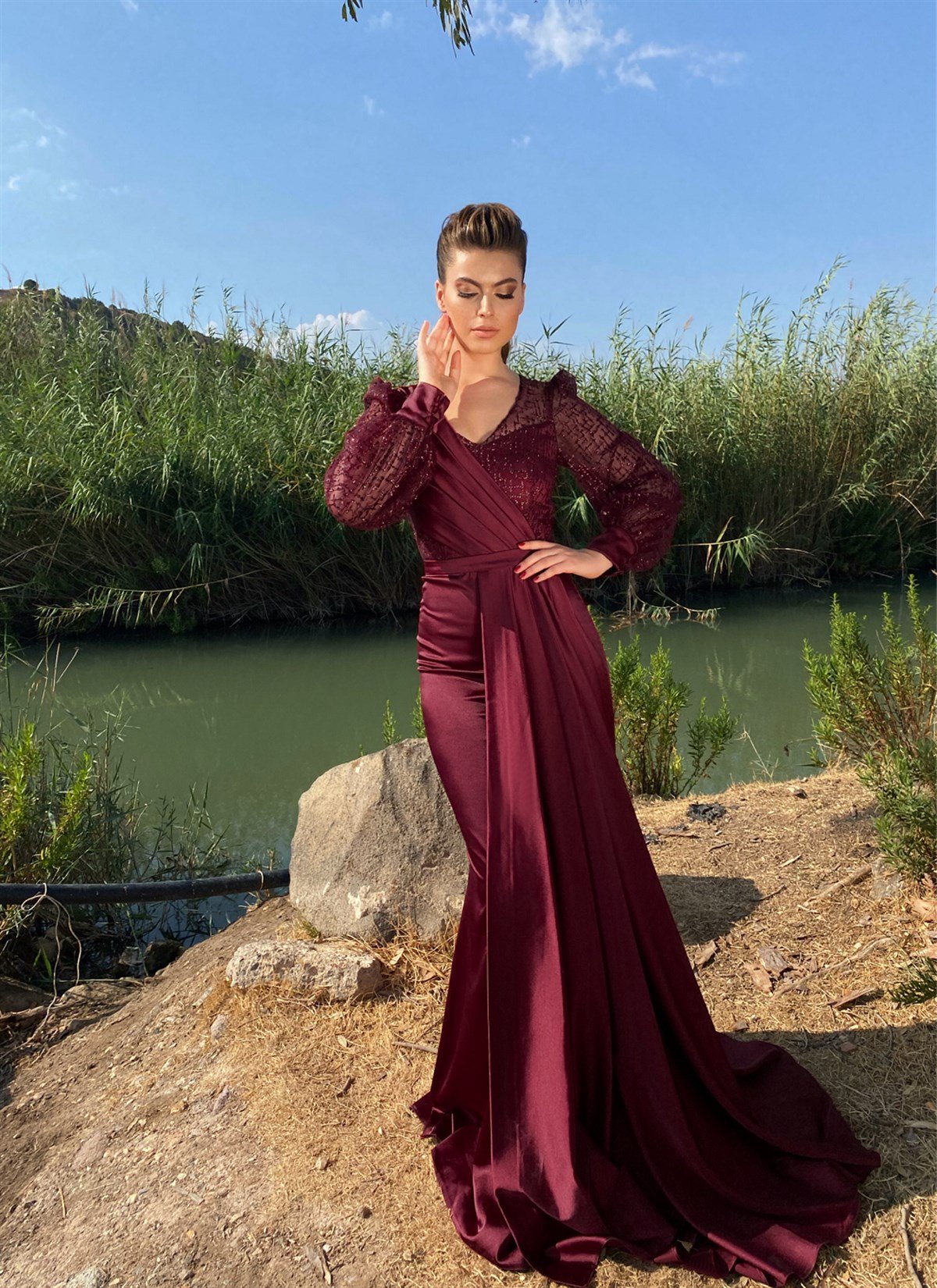 Drapeli Tül Detay Balon Kollu Saten Sude Abiye - Bordo