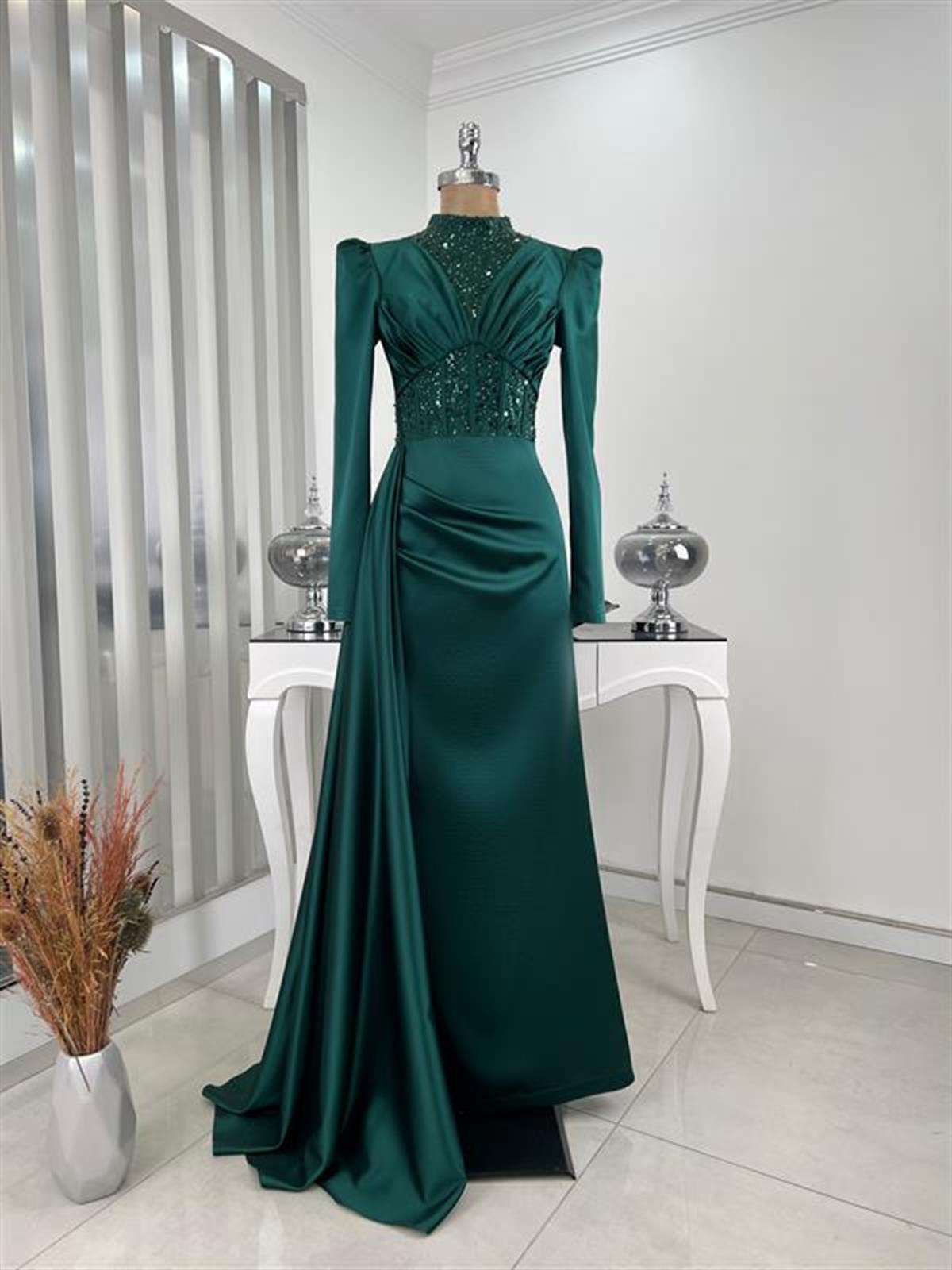 Smiling Fish Skirt Hijab Evening Dress Emerald