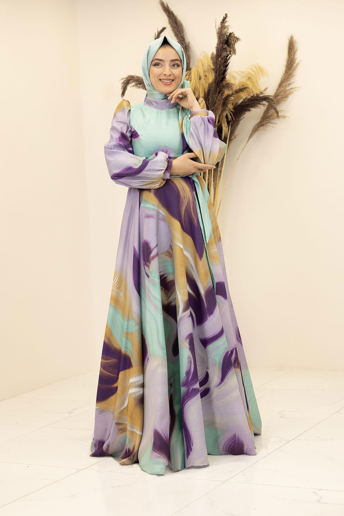 İpek Saten Kemerli Yakası Fiyonklu Desenli Ebruli Elbise-mint