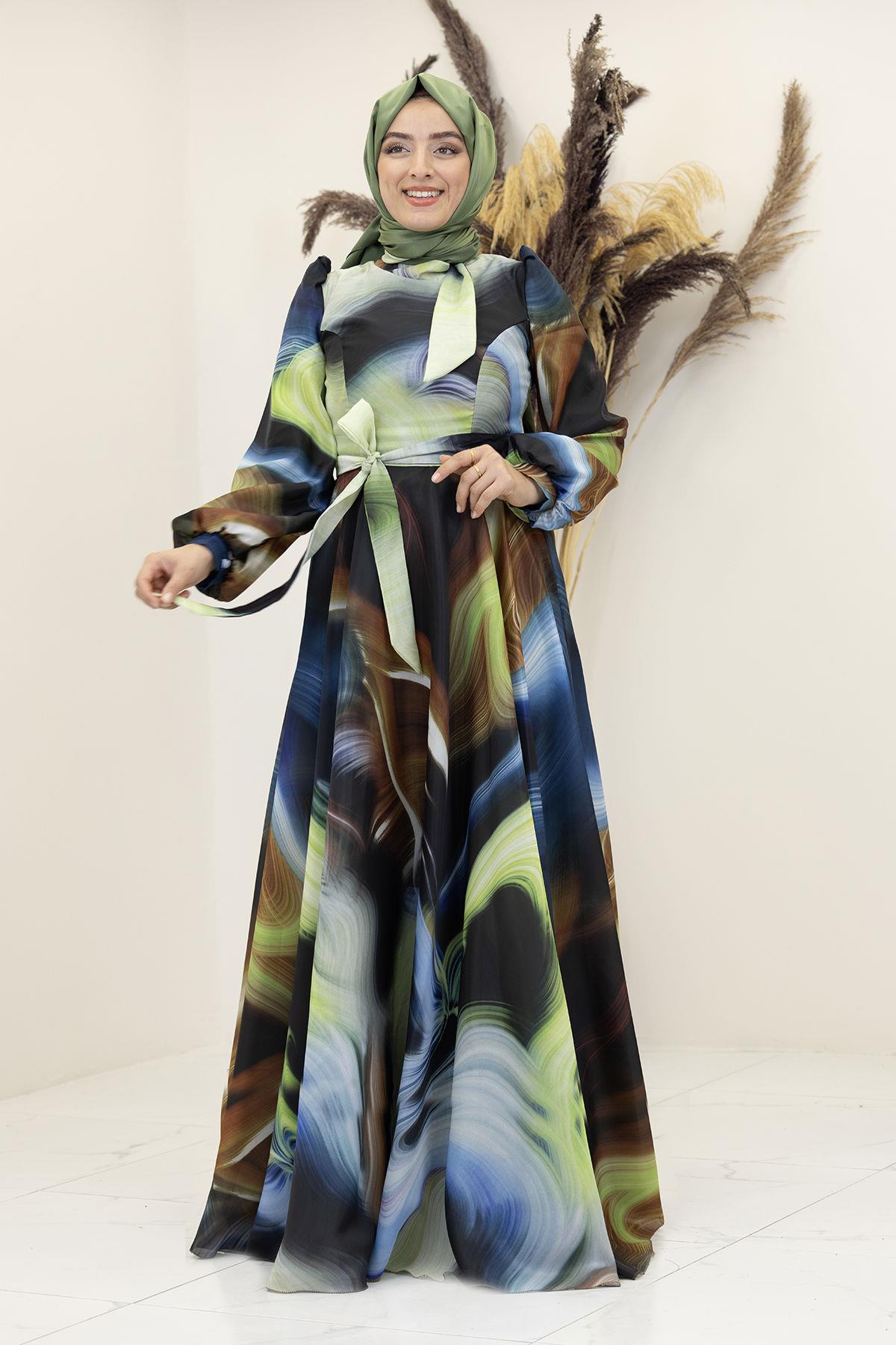 İpek Saten Kemerli Yakası Fiyonklu Desenli Ebruli Elbise-Saks