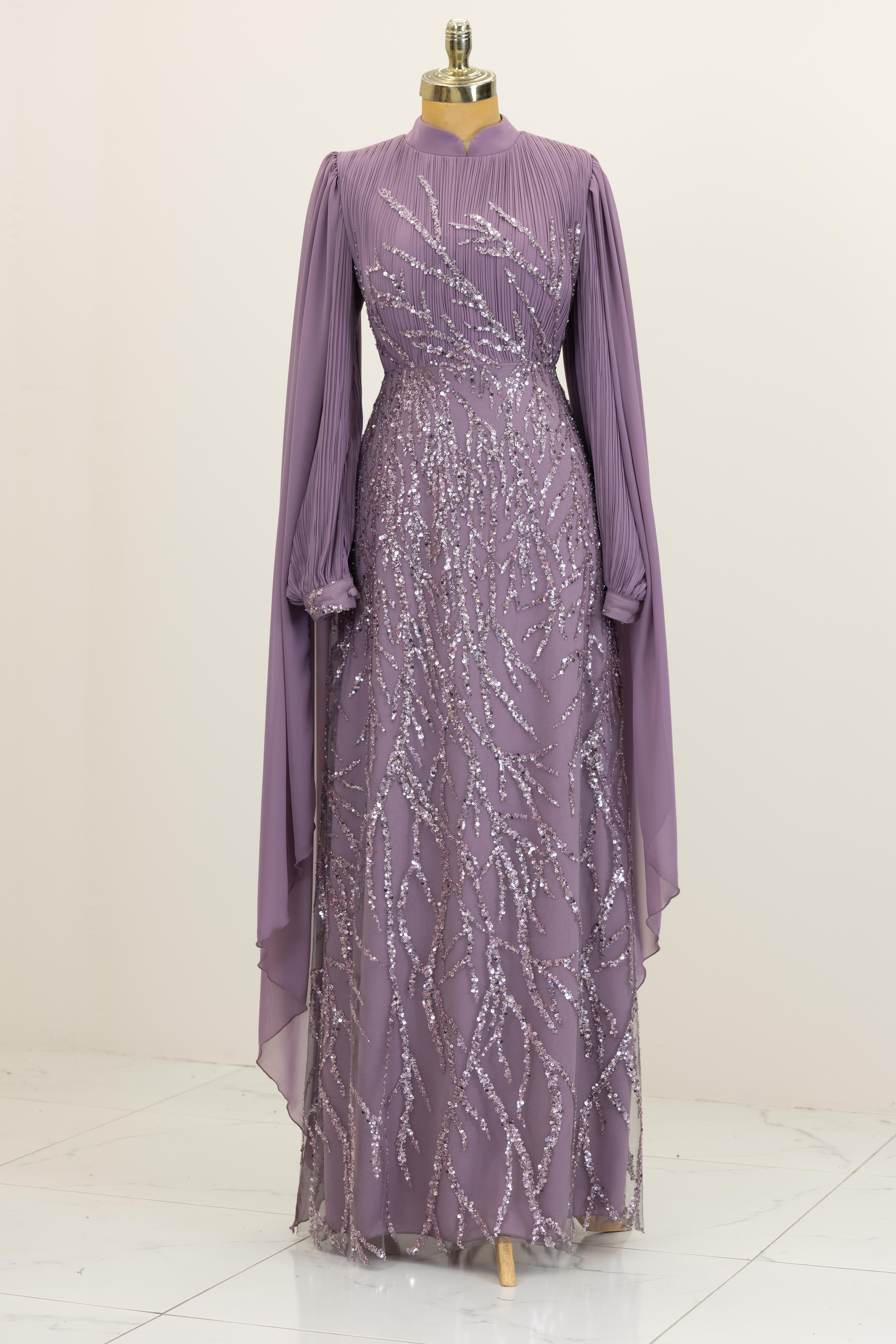 Kolları Pelerinli Ezgi Abiye -Lila