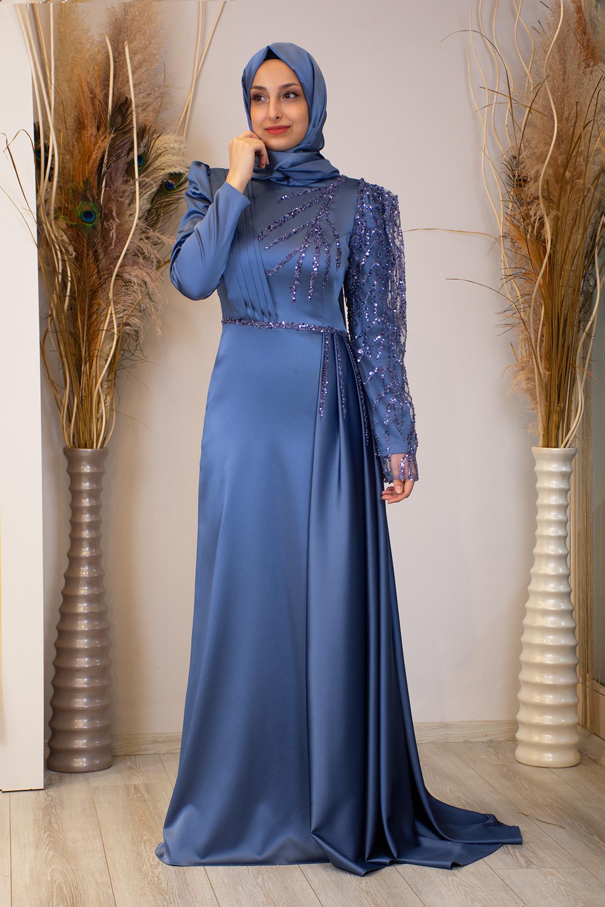 Kolu Boncuk İşlemeli Efila Tesettür Abiye - İndigo