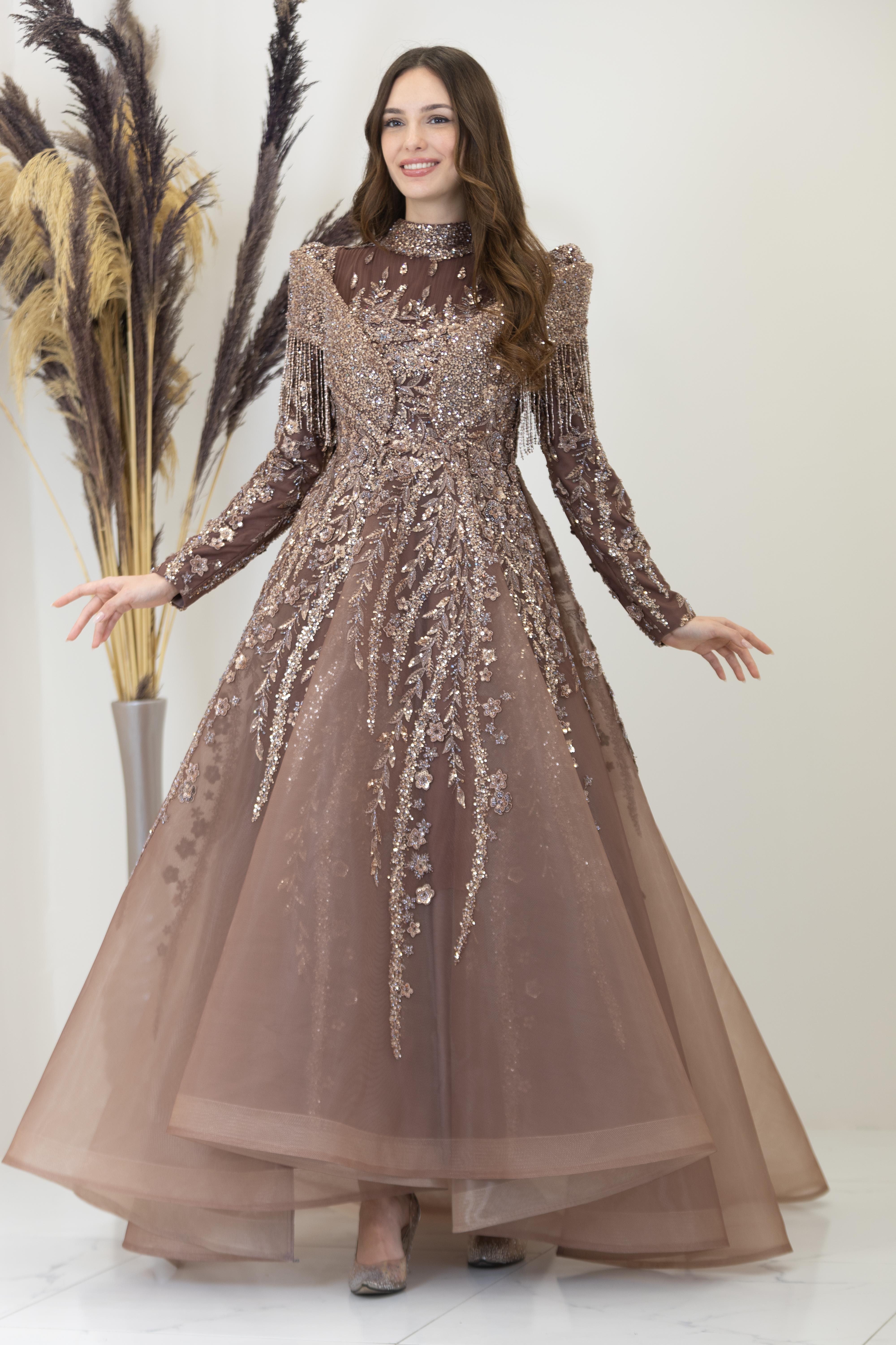 Omuzları V Drape Asel Abiye - Bakır