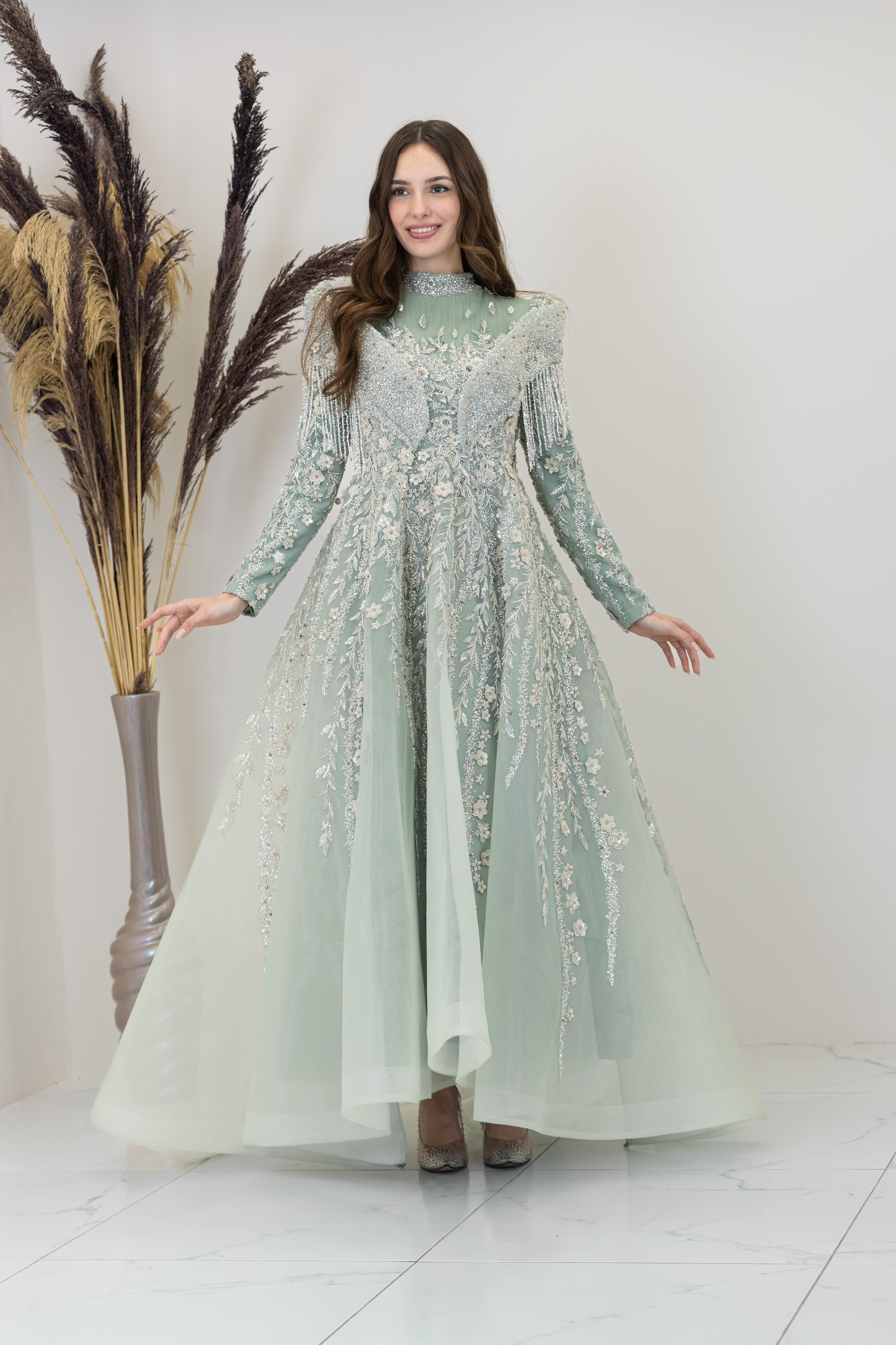 Omuzları V Drape Asel Abiye - Çağla