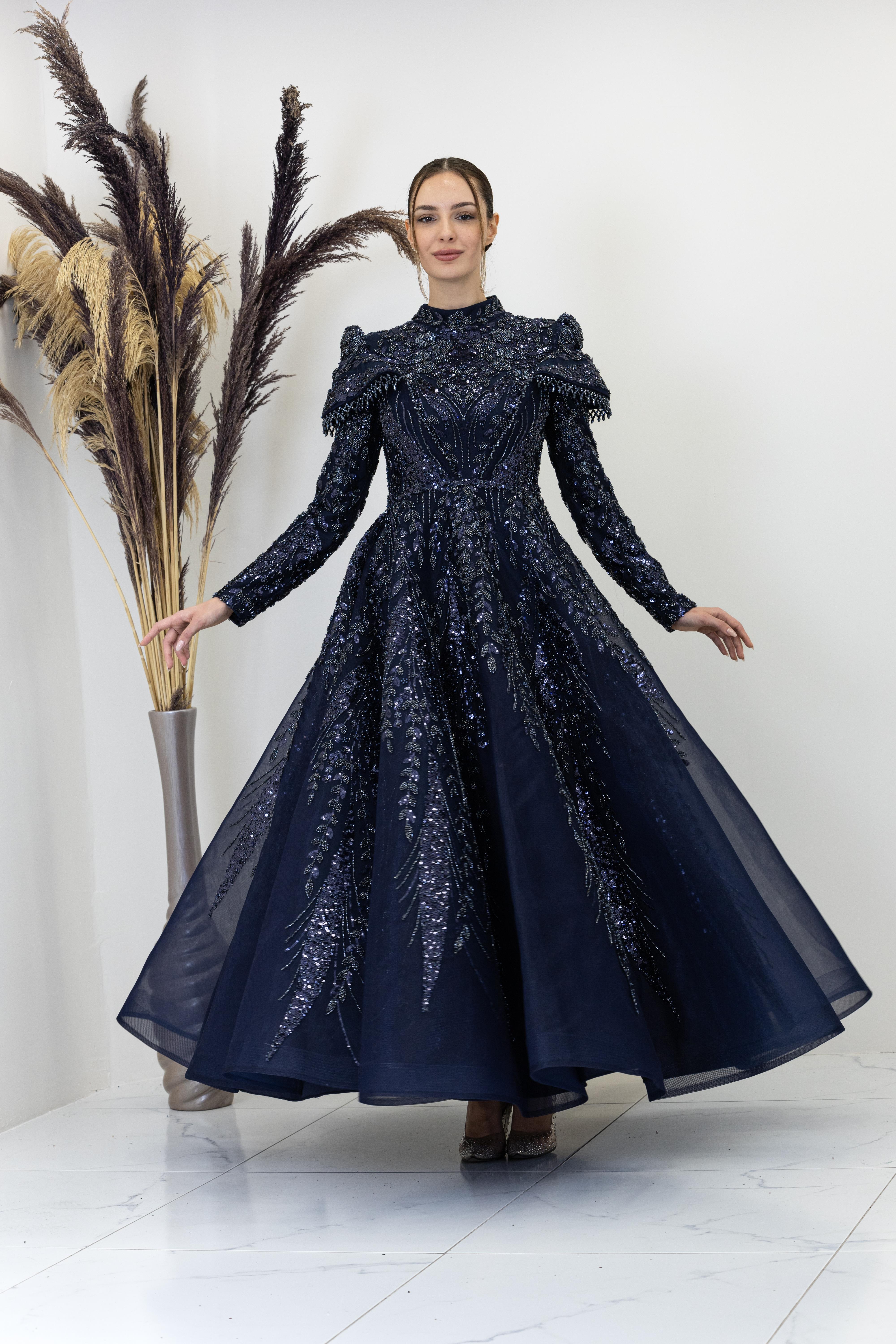 Omuzları V Drape Eslem Abiye - Lacivert