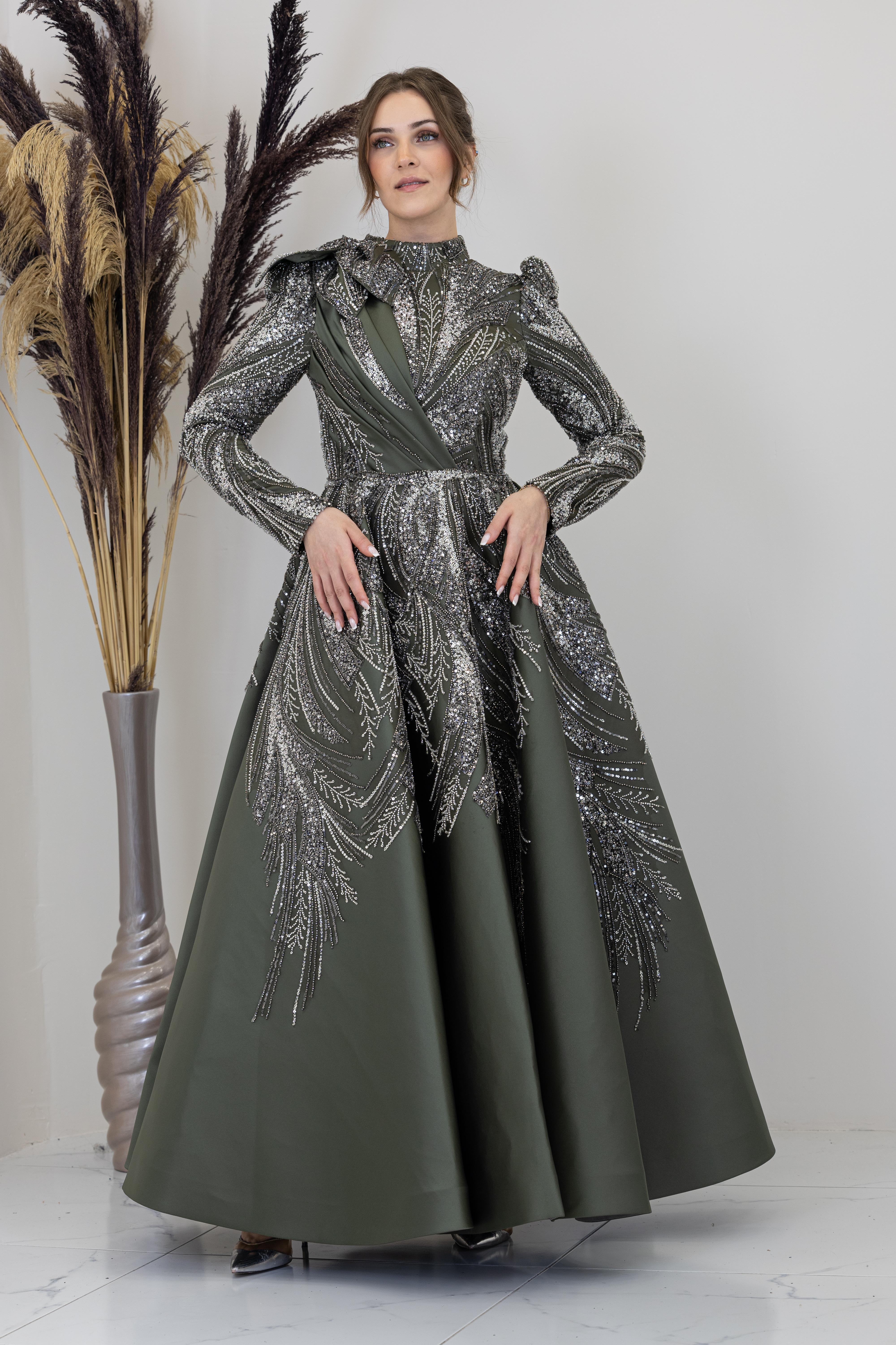 Omuzu Çiçek Detaylı Larin Abiye - Haki