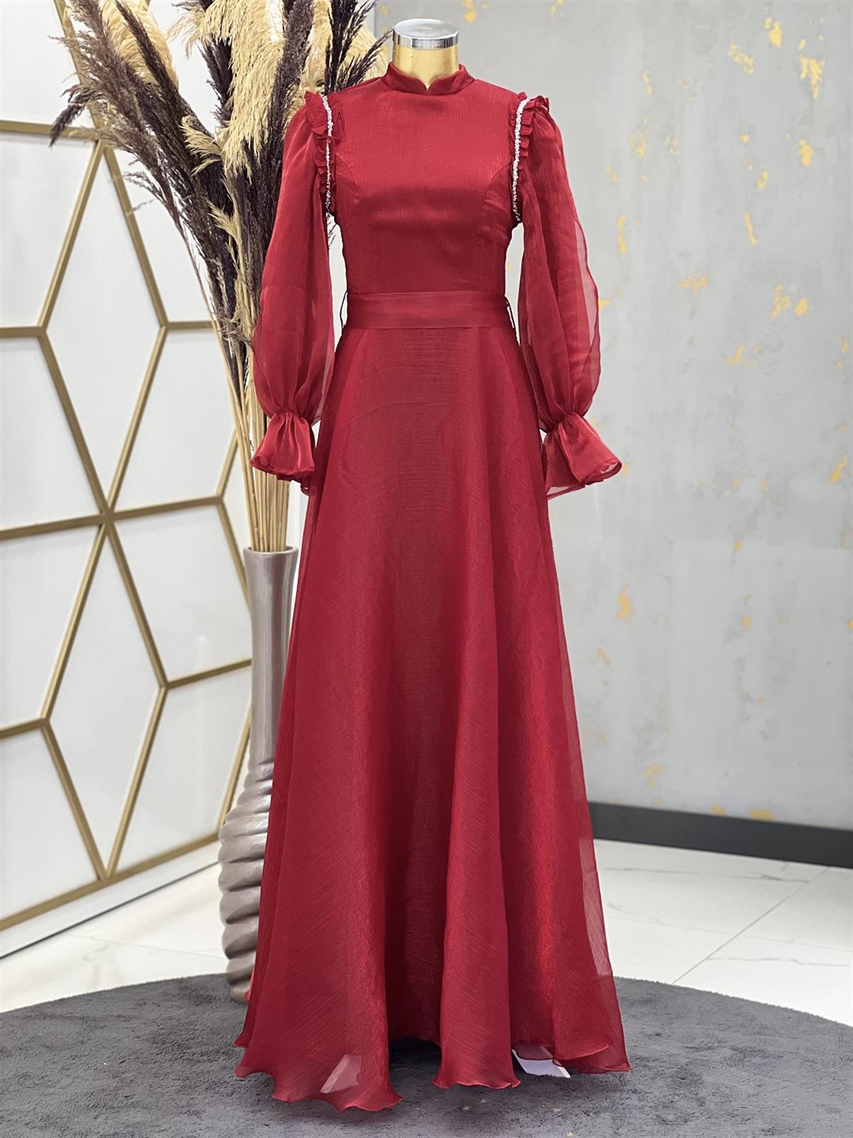 Omuzu Taşlı Belden Kuşaklı Sema Tesettür Abiye - Kırmızı