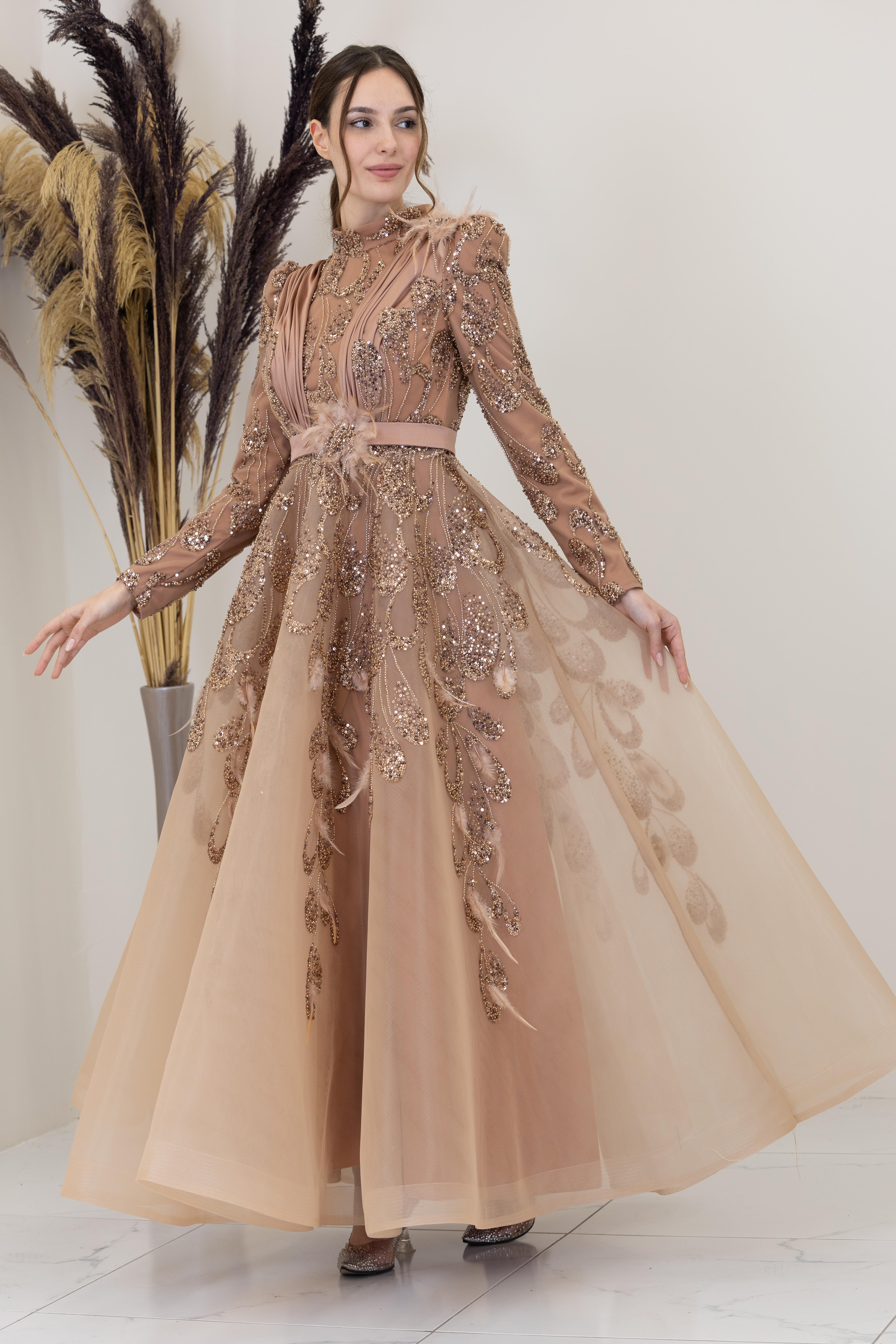 Omuzu ve Beli Tül Detayli Simge Abiye - Bakır