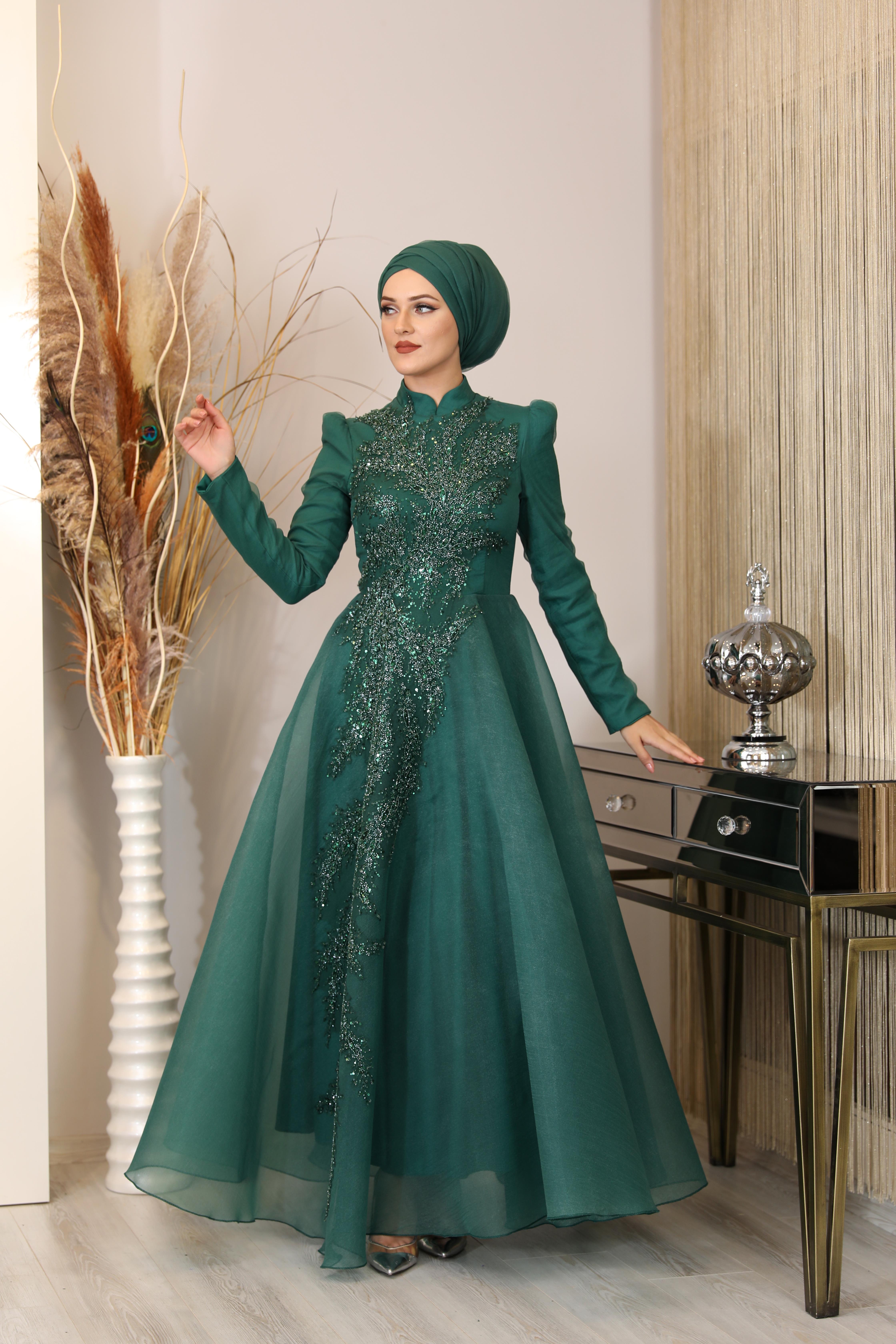 Efsun Evening Dress with Applique Detail on the Front and Lace-up on the Back - Emerald