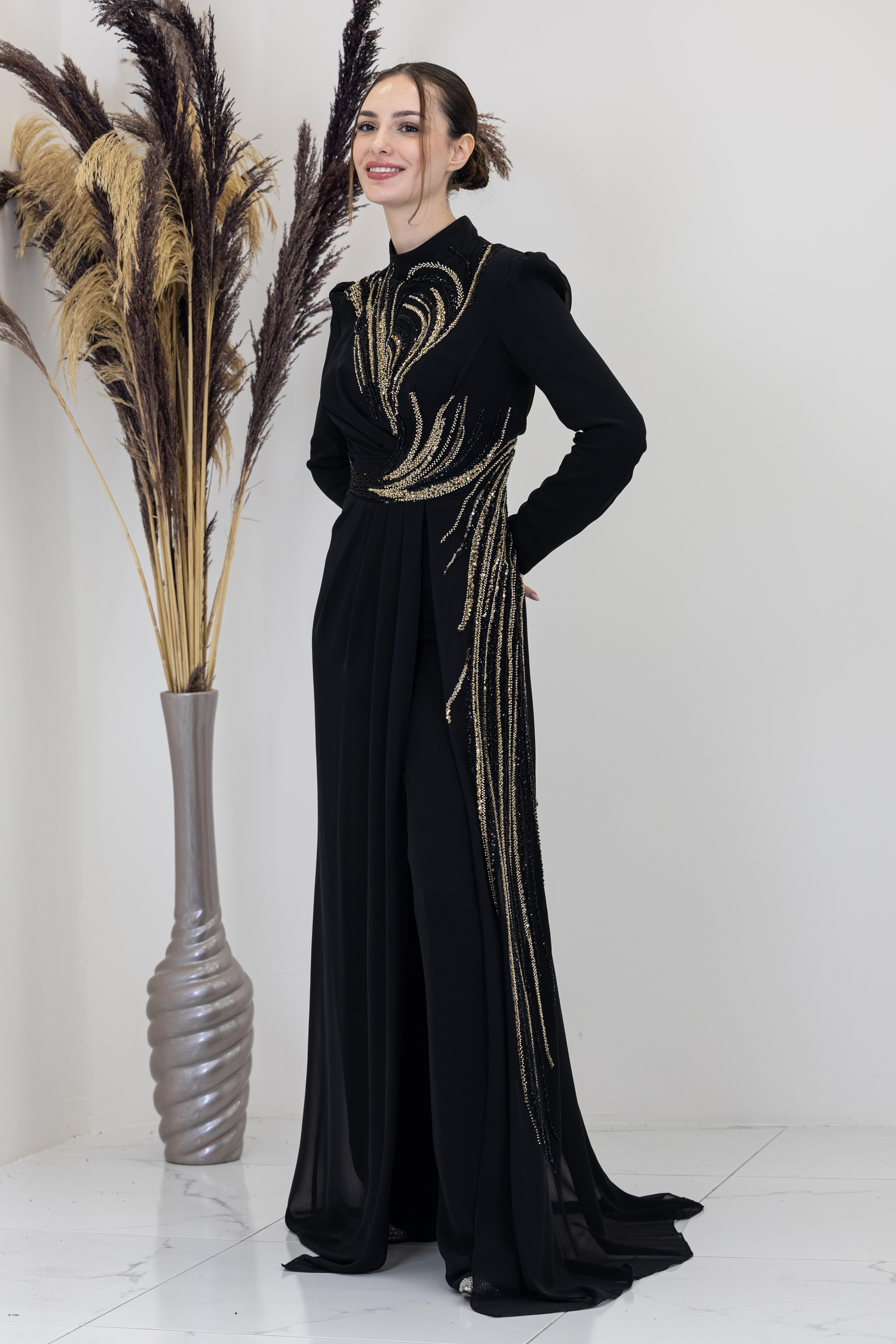 Önü Aplik İşlemeli Ebru Tulum - Siyah